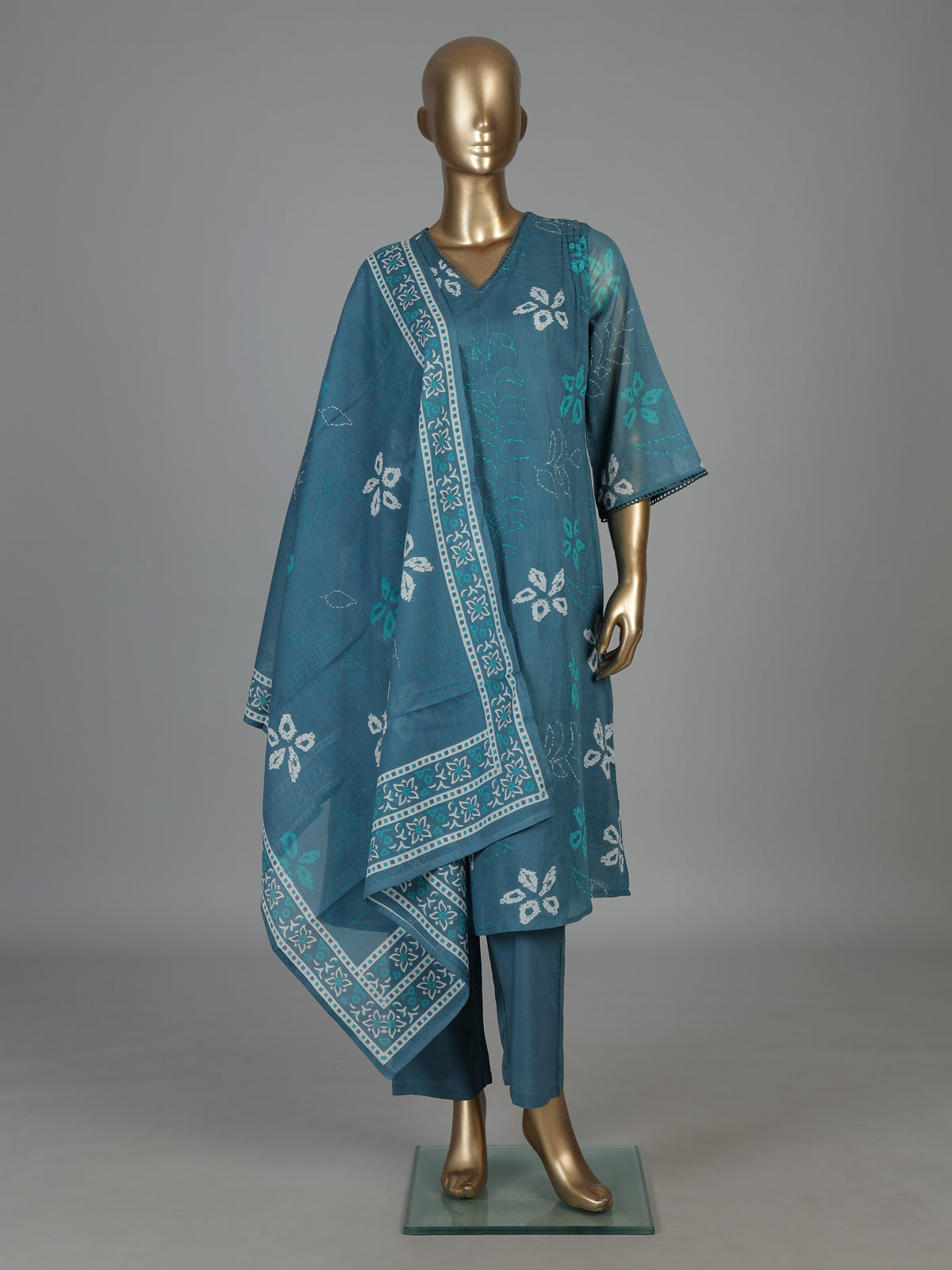 Stone blue cotton floral kurti set with dupatta style
