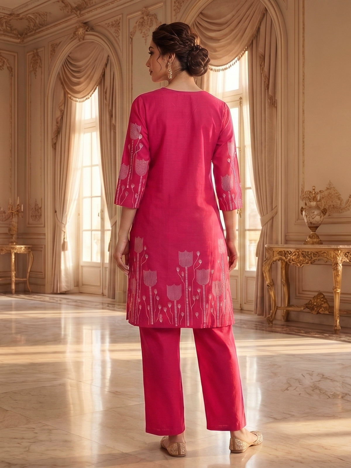 Rani pink cotton kurti set with printed straight cut style
