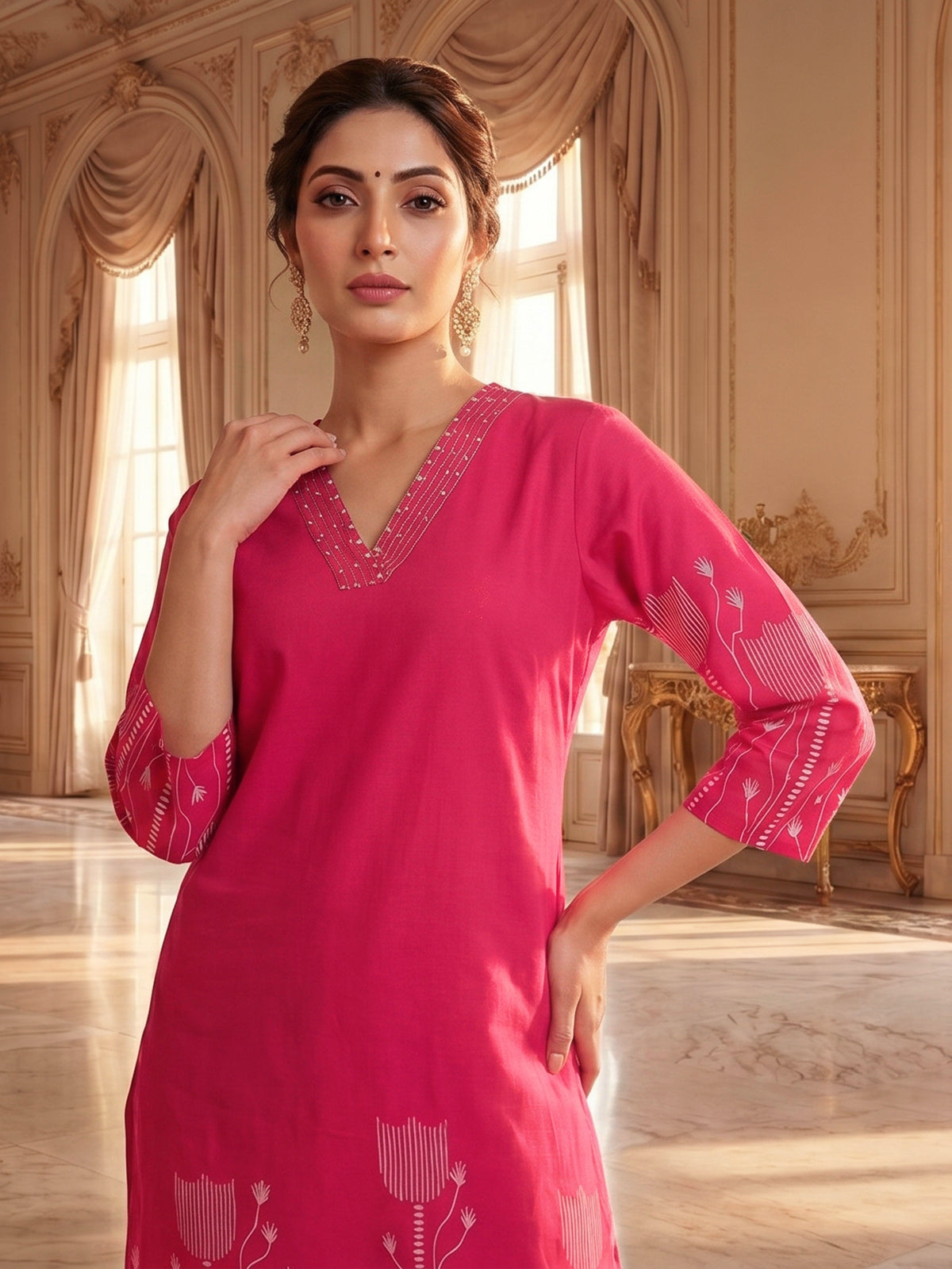 Rani pink cotton kurti set with printed straight cut style