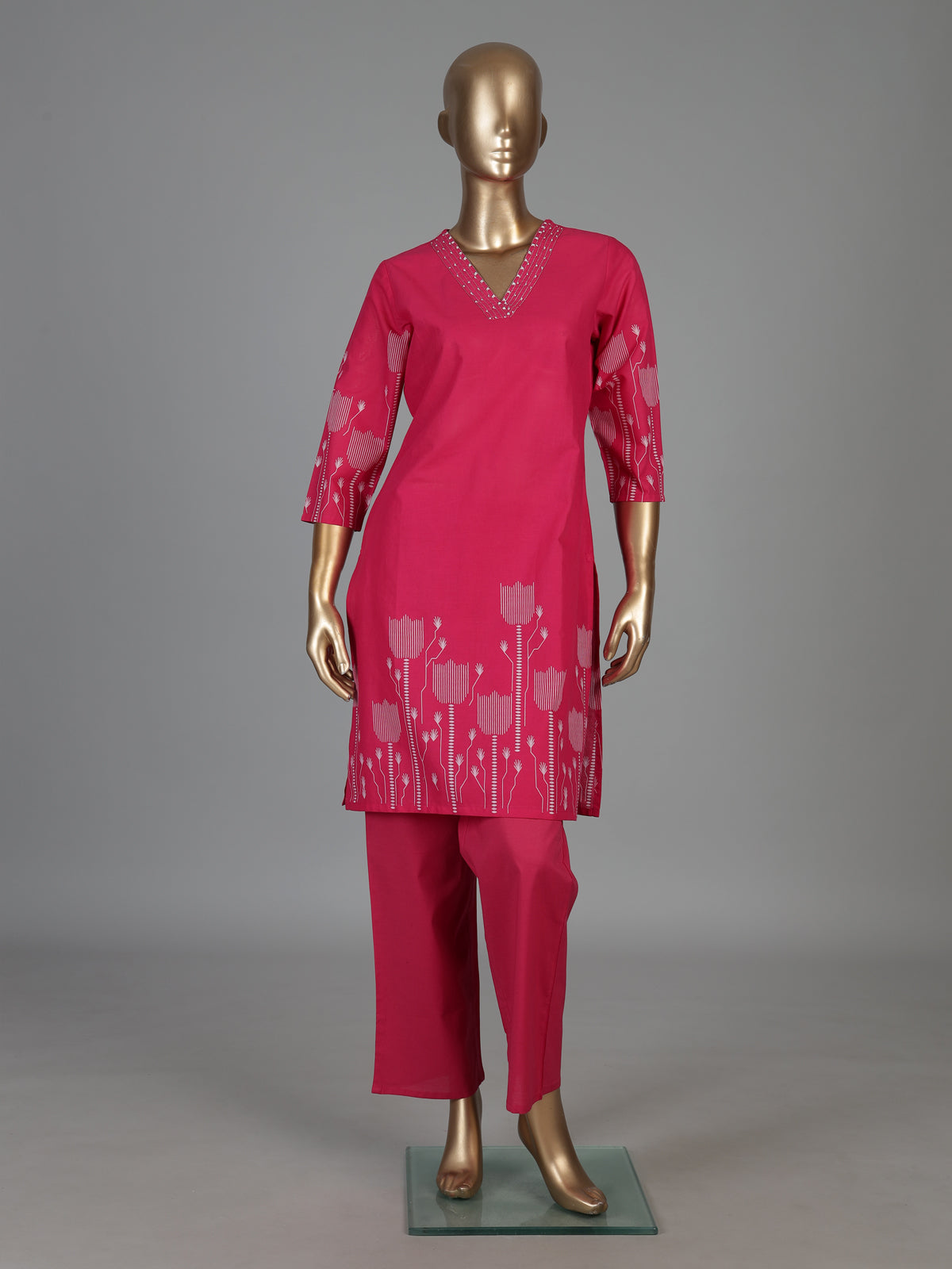 Rani pink cotton kurti set with printed straight cut style