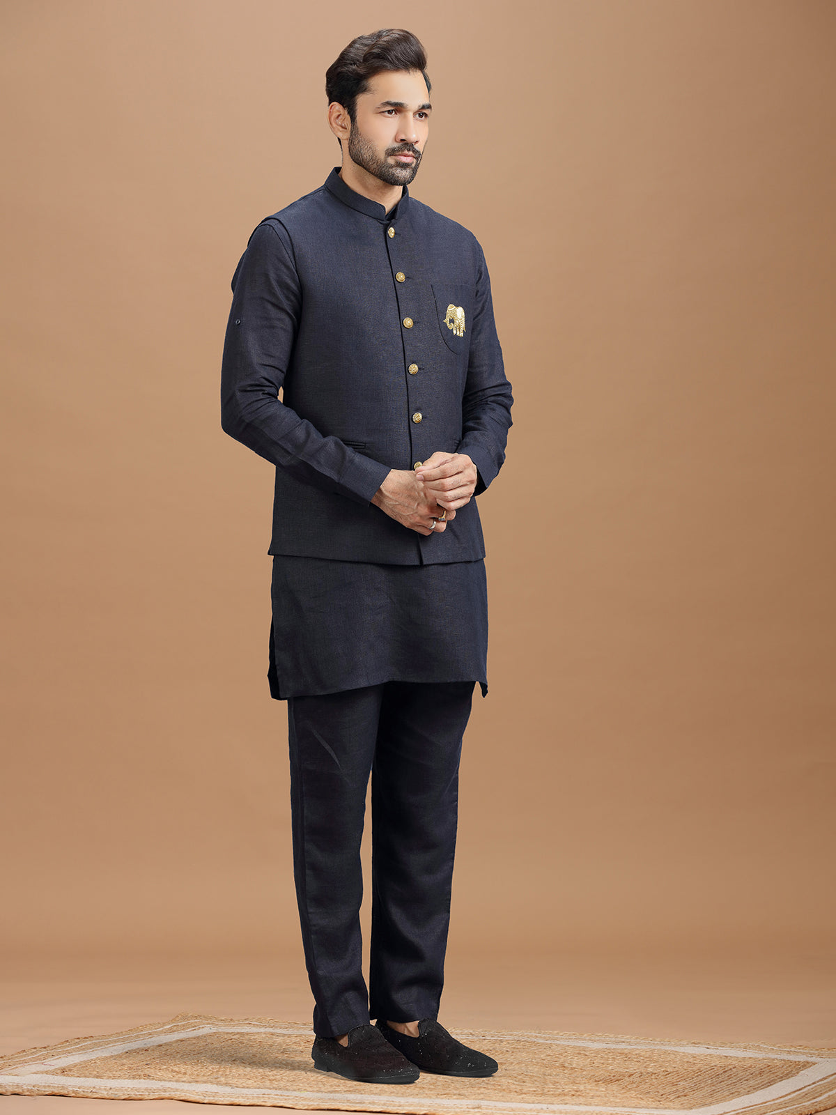 Navy blue linen waistcoat set with zari elephant embroidery