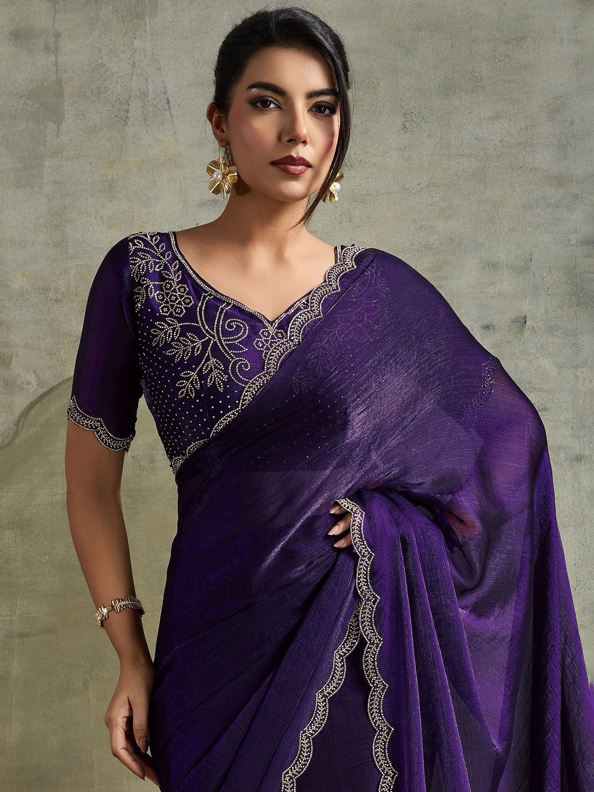 Graceful purple chiffon festive designer saree