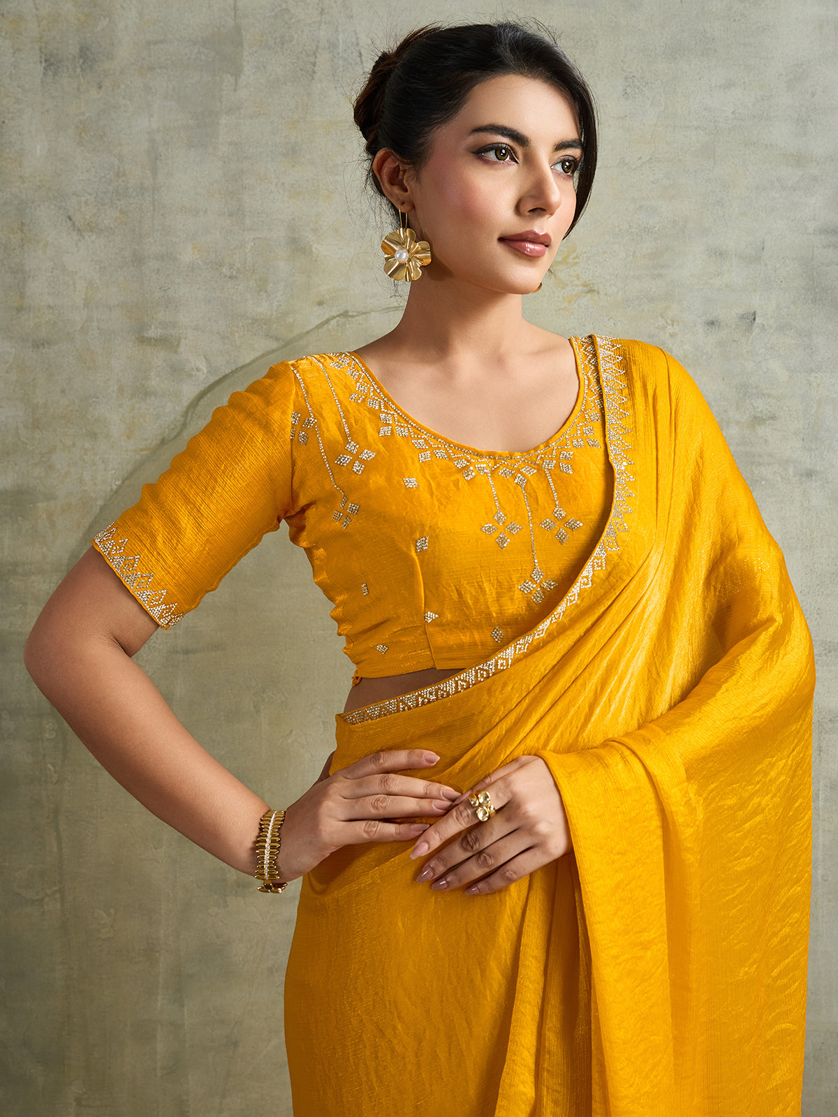 Radiant yellow chiffon festive partywear saree