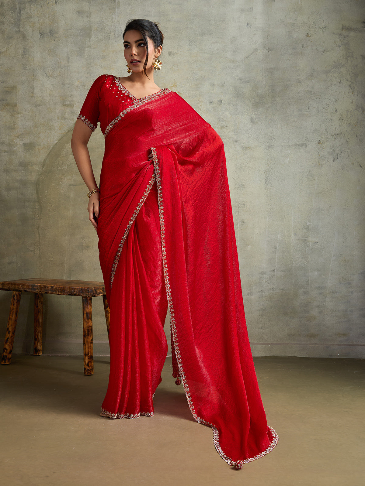 Classic red chiffon designer festive saree