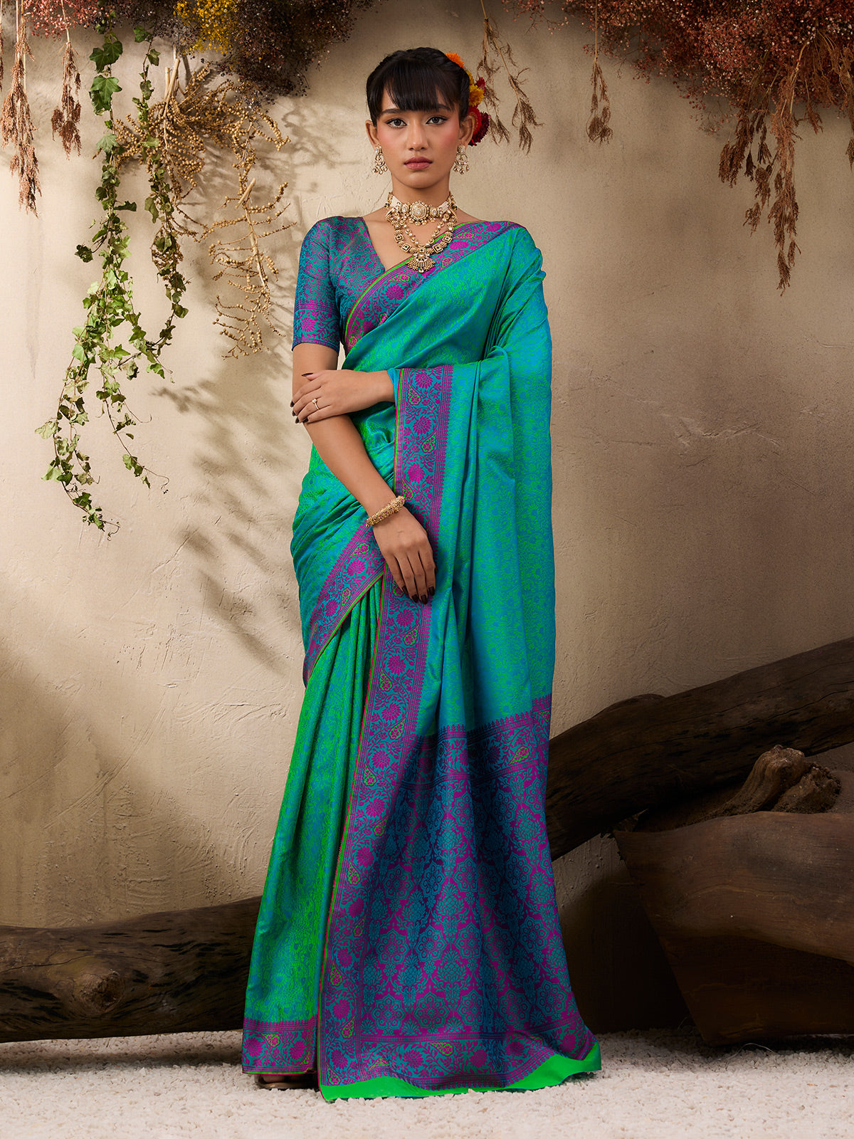 Stylish rama blue silk festive ethnic saree