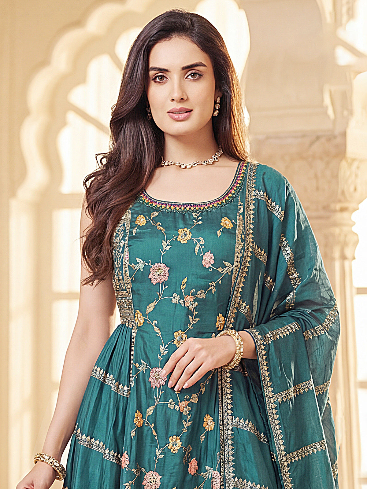 Rama green silk designer palazzo suit with dupatta