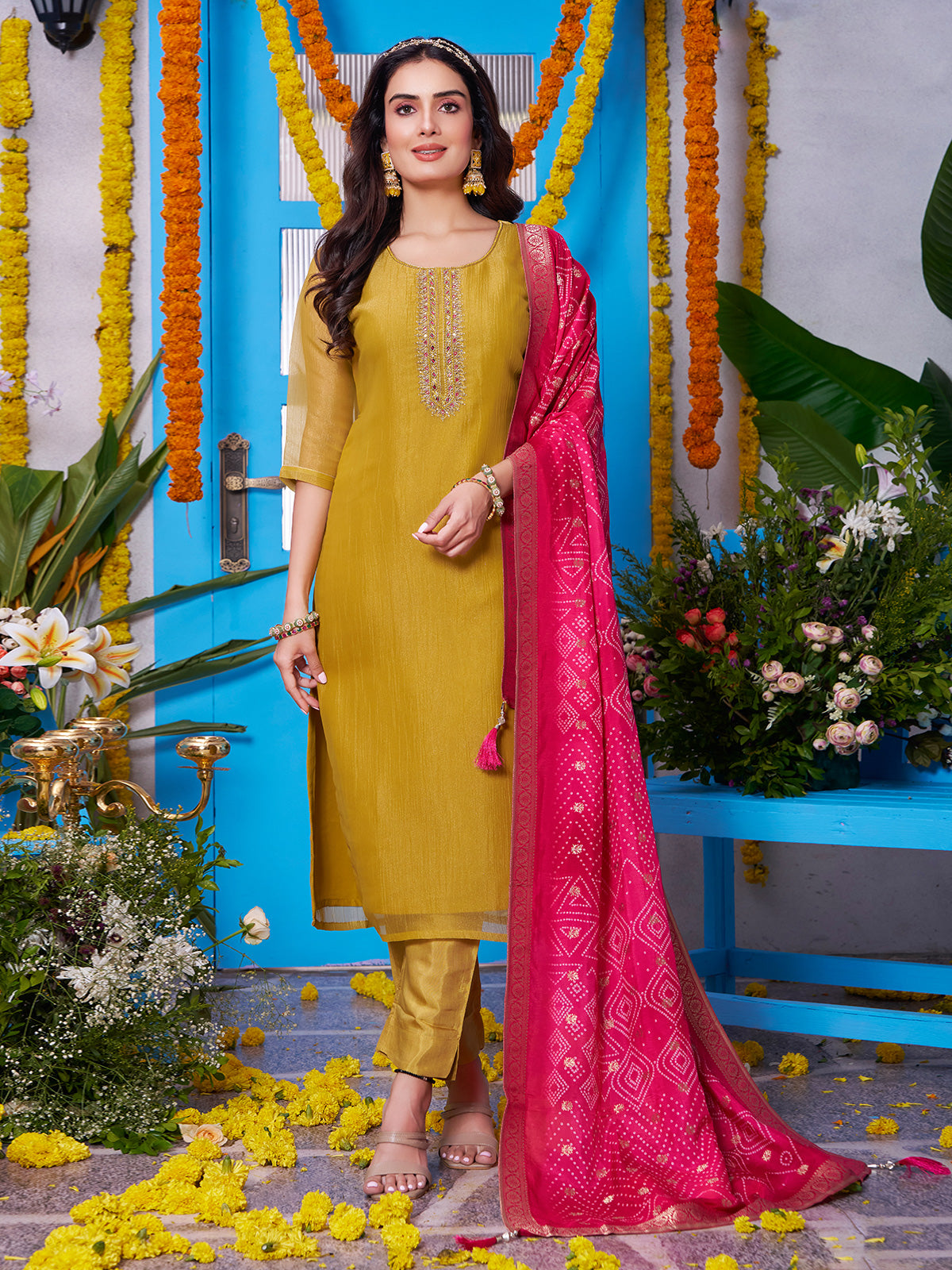 Yellow organza tissue straight cut suit with dupatta
