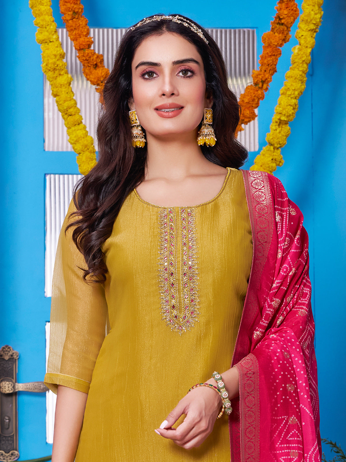 Yellow organza tissue straight cut suit with dupatta