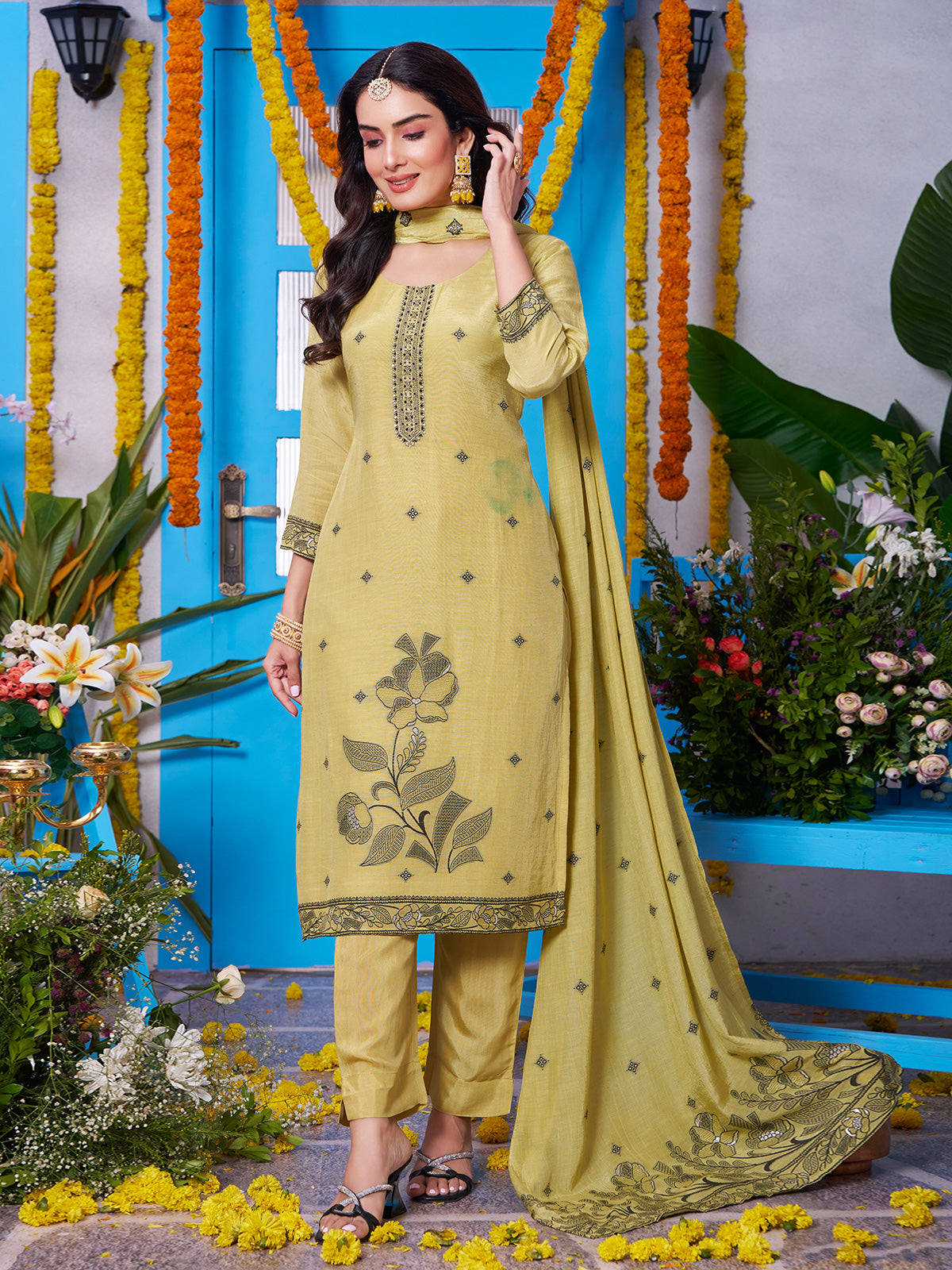 Dusty yellow soft silk straight cut salwar suit