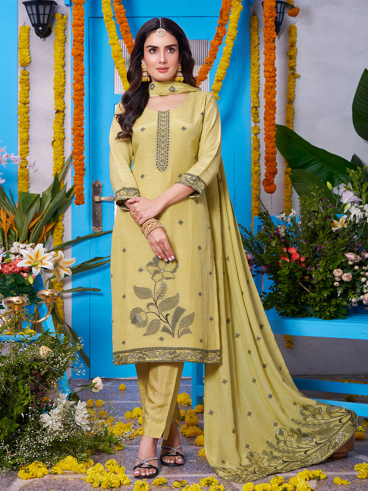 Dusty yellow soft silk straight cut salwar suit