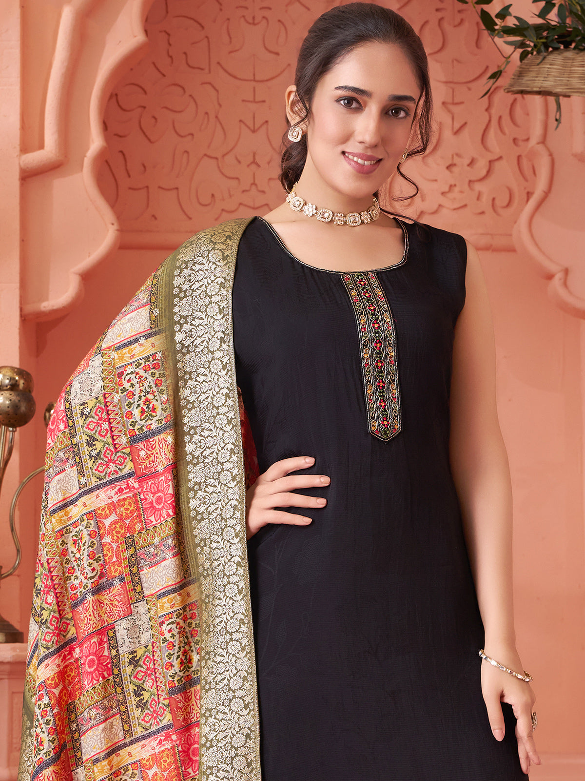Black silk straight cut salwar suit with dupatta