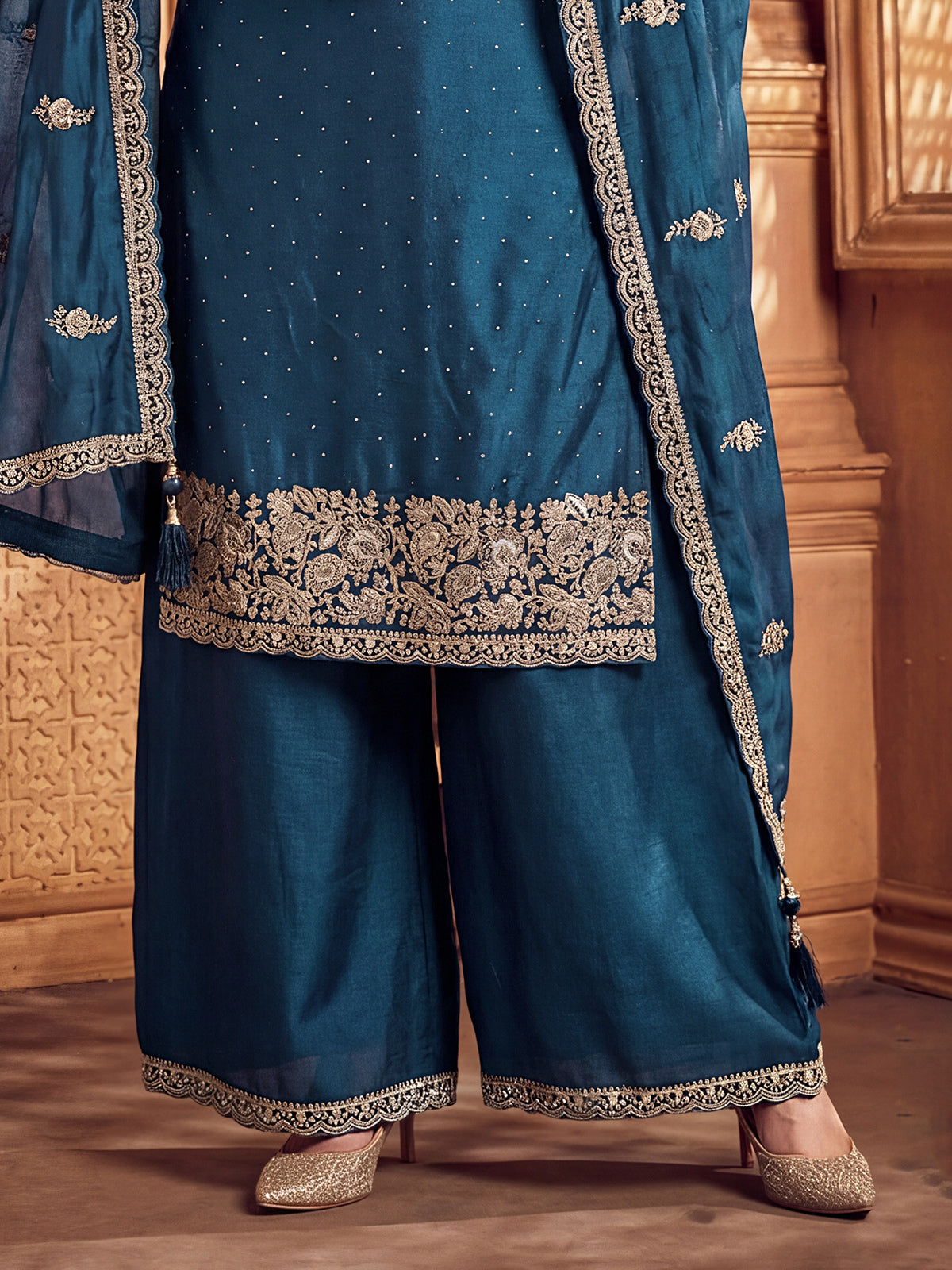 Rama blue silk pakistani palazzo suit with dupatta