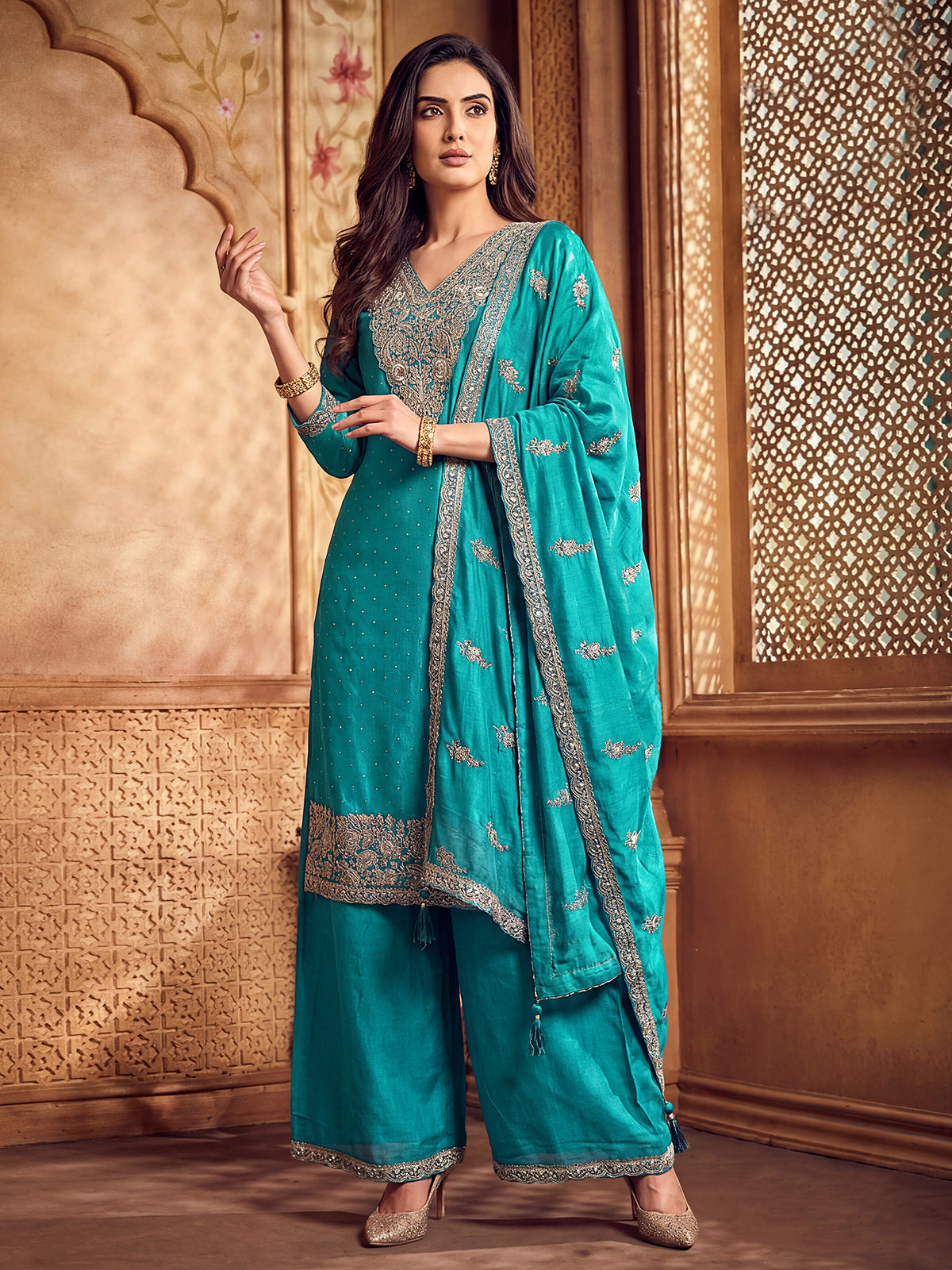 Aqua blue silk pakistani palazzo suit with dupatta