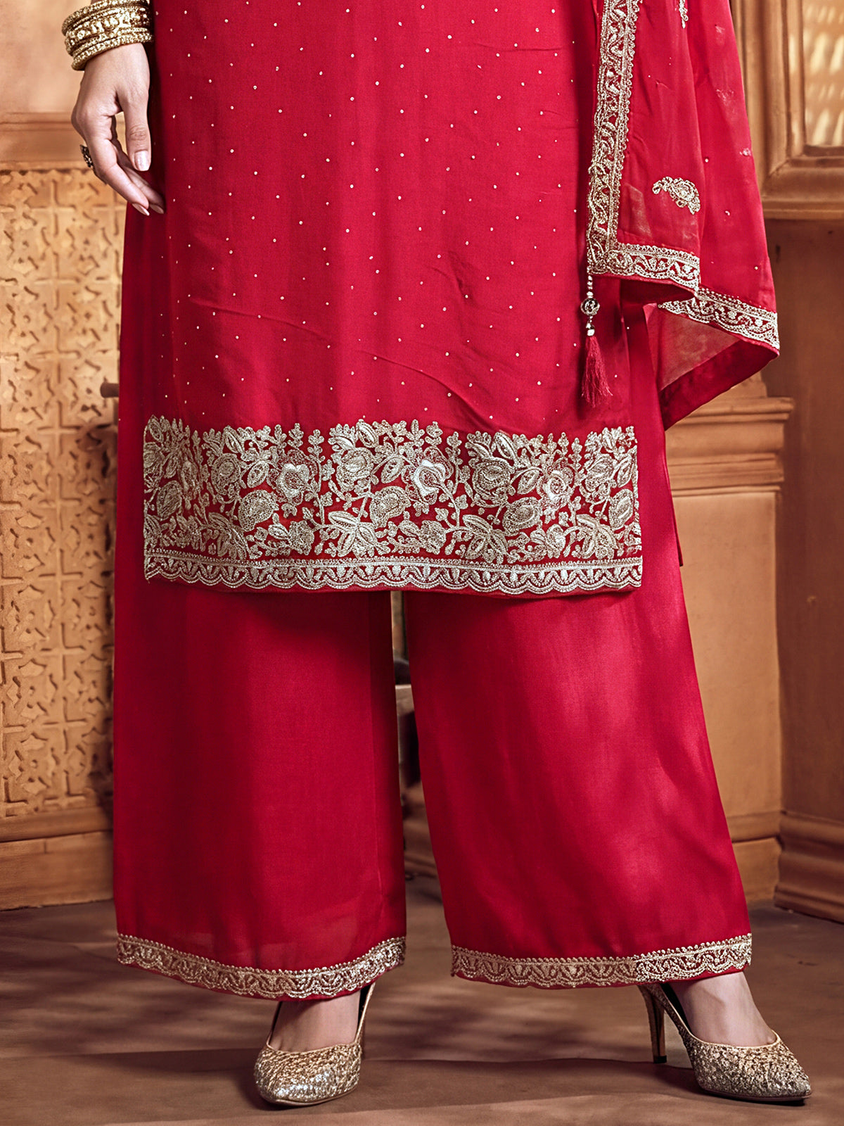 Red silk pakistani palazzo suit with dupatta set