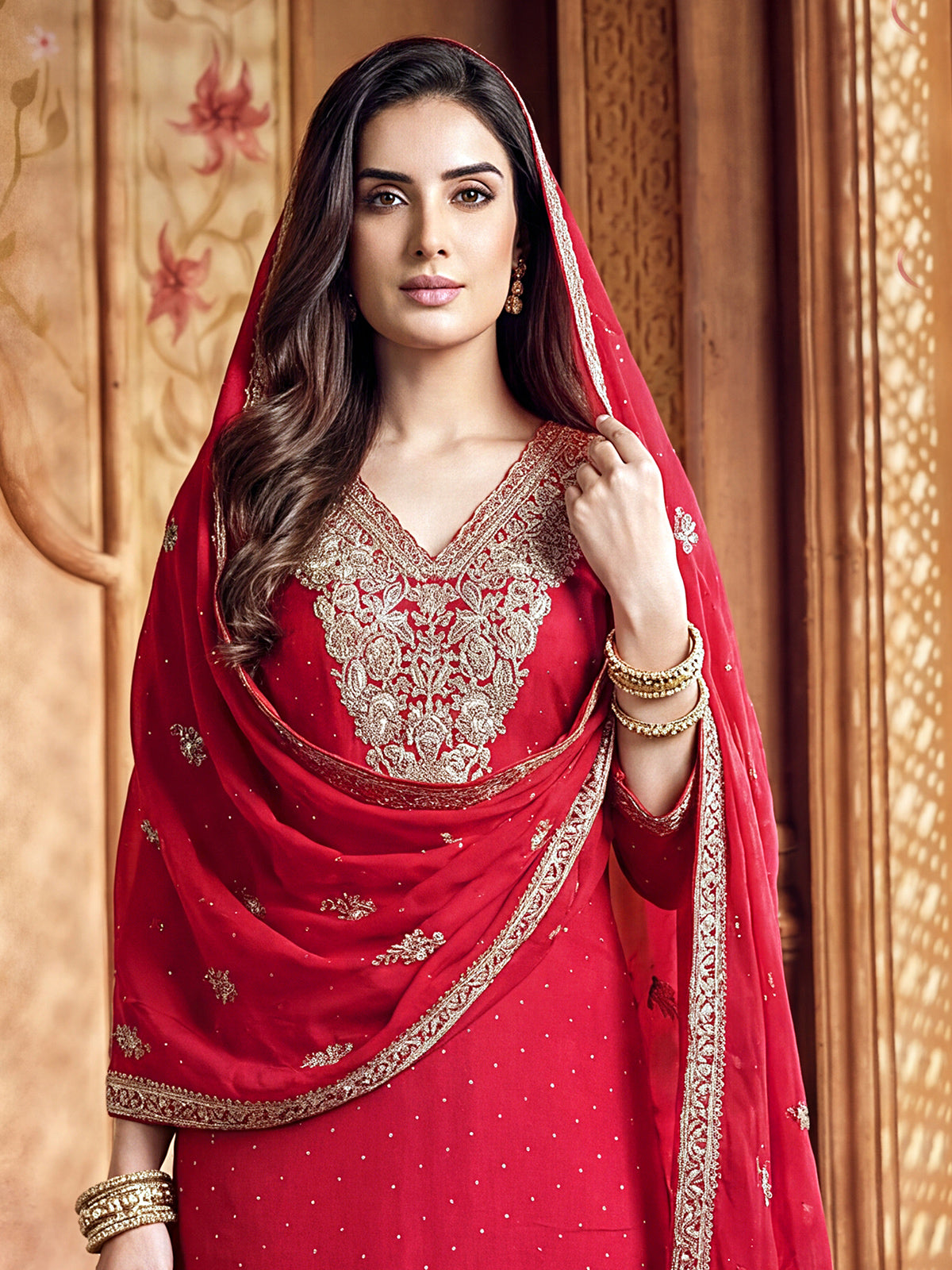 Red silk pakistani palazzo suit with dupatta set