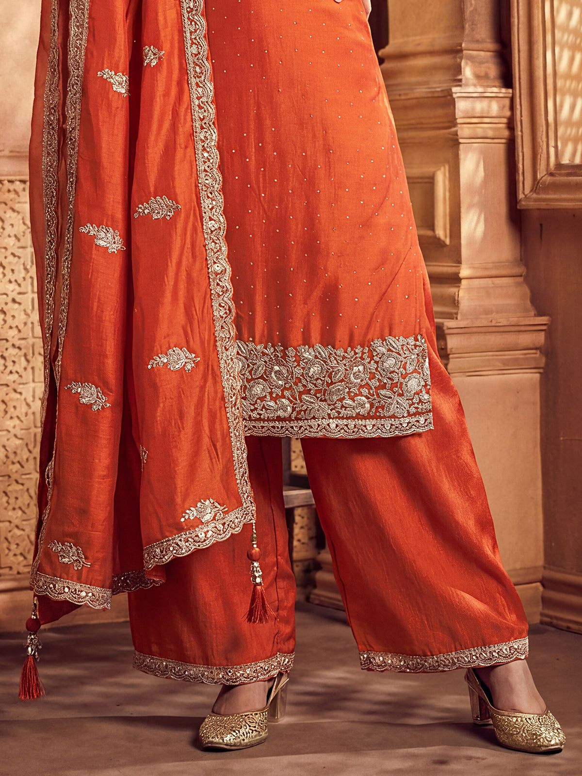 Rust orange silk pakistani palazzo suit with dupatta