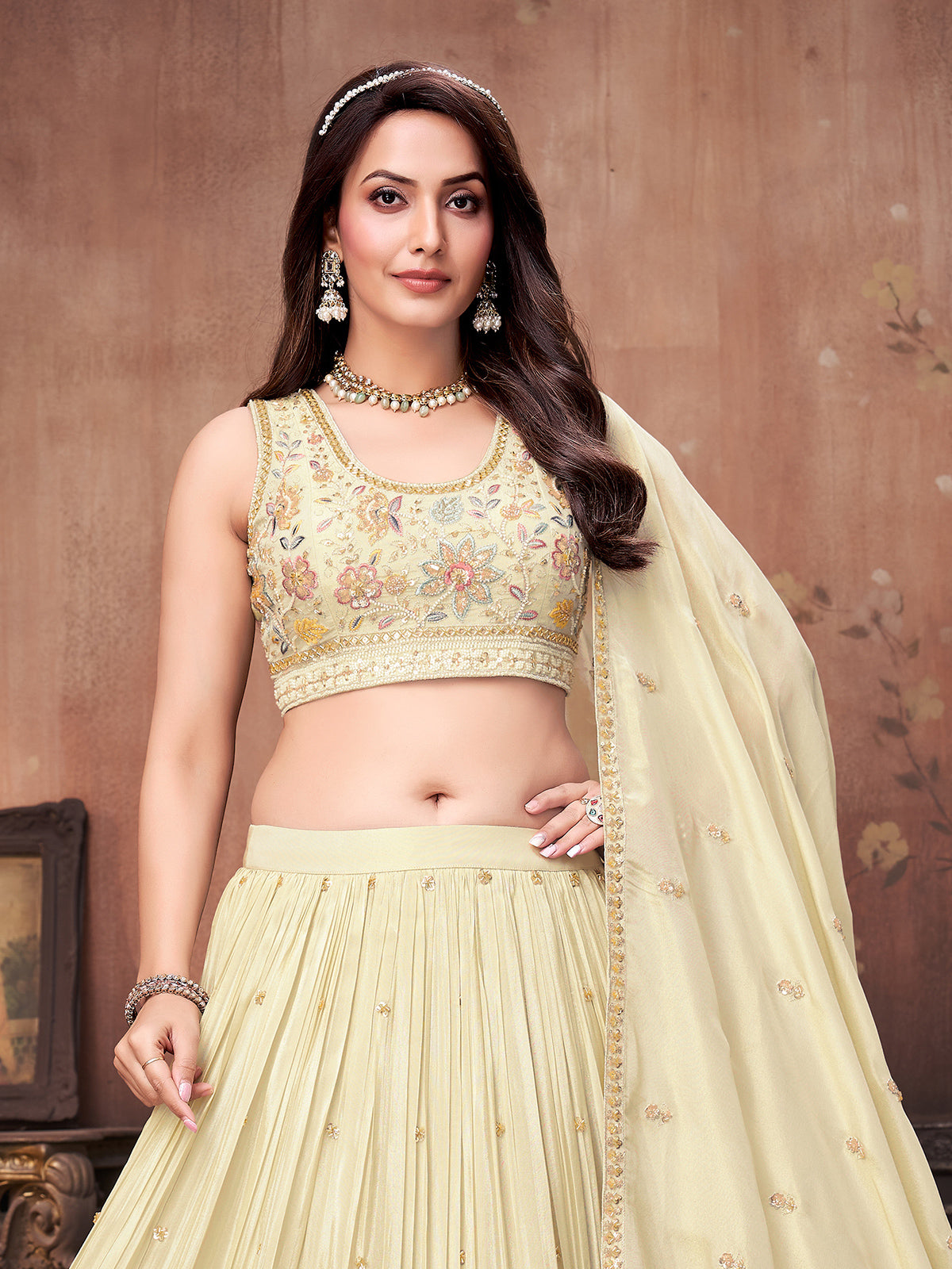 Cream soft silk embroidered lehenga choli with dupatta