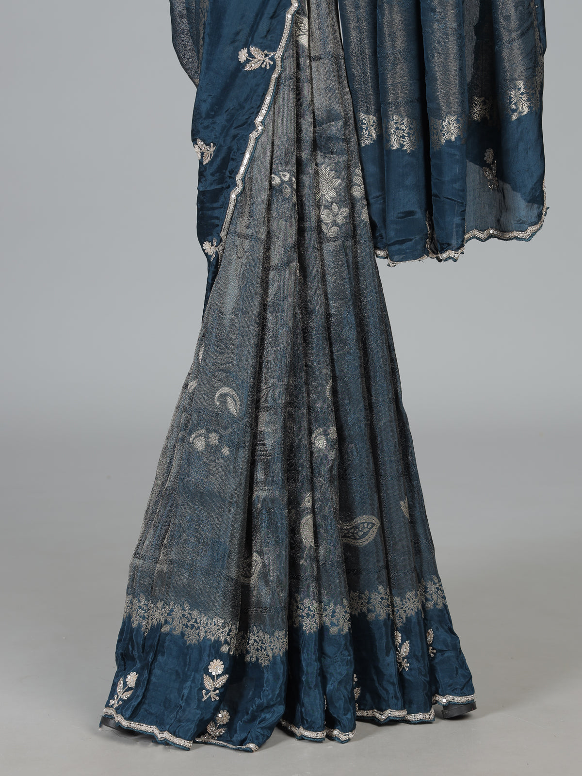 Peacock blue dola silk festive embroidered silk saree