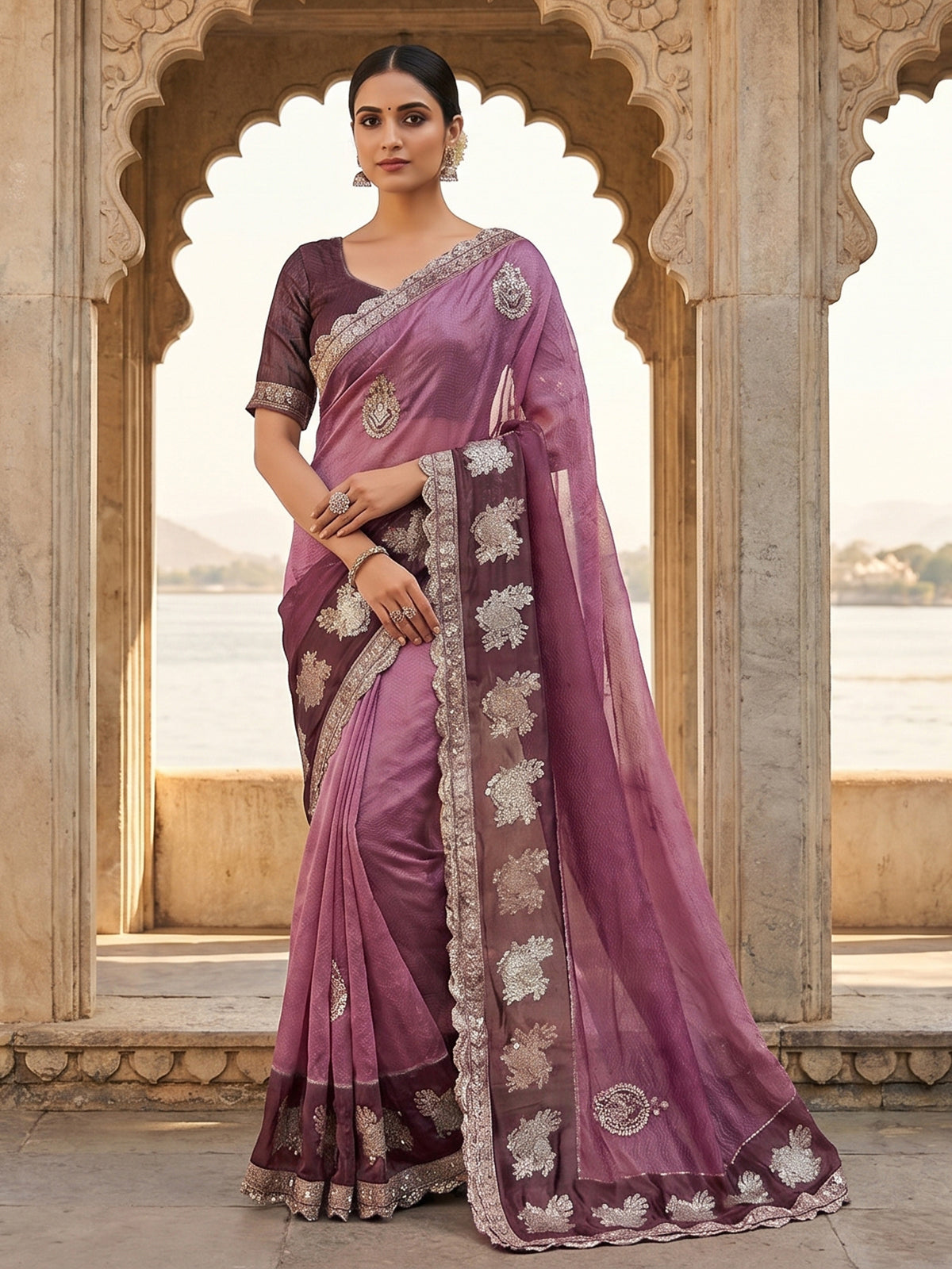 Wine dola silk embroidered festive party saree