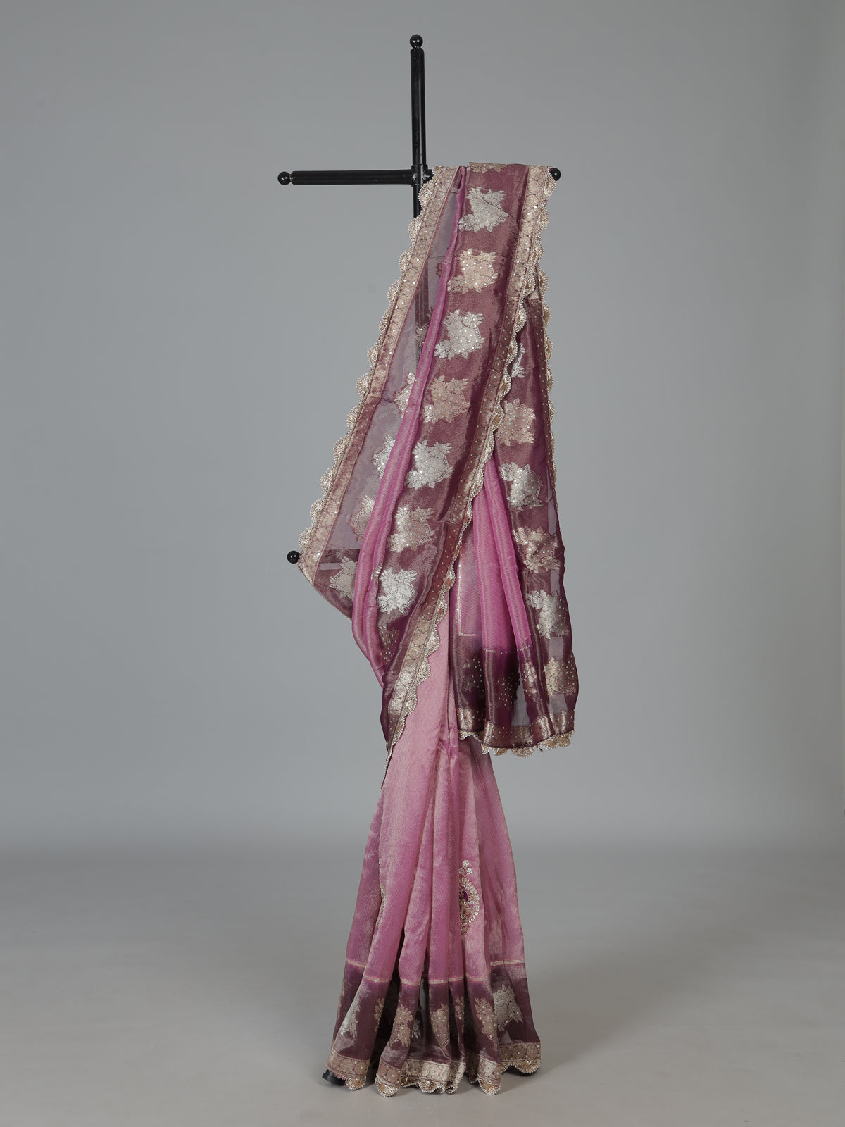 Wine dola silk embroidered festive party saree