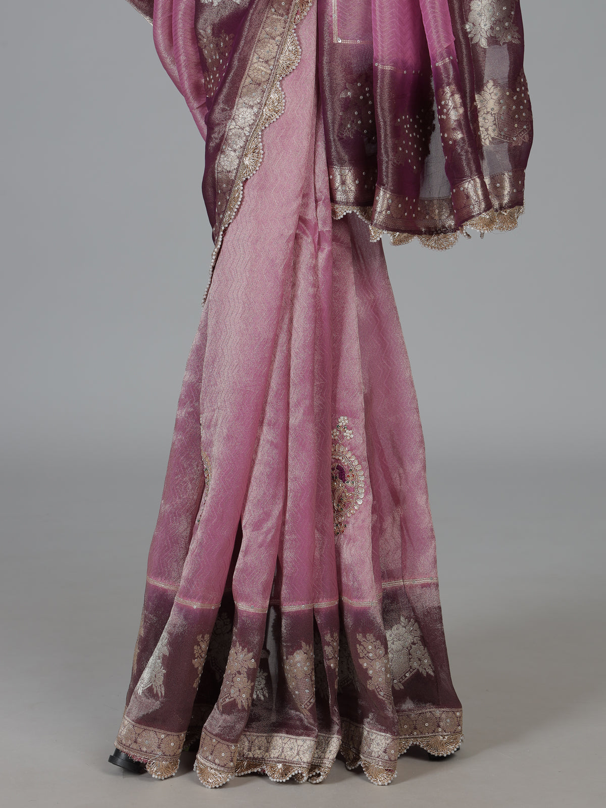 Wine dola silk embroidered festive party saree