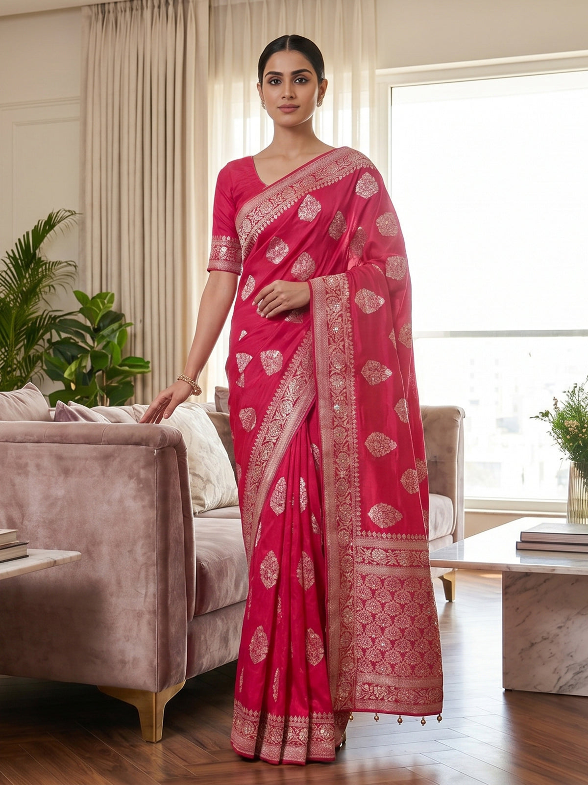 Crimson red floral arch festive dola silk saree