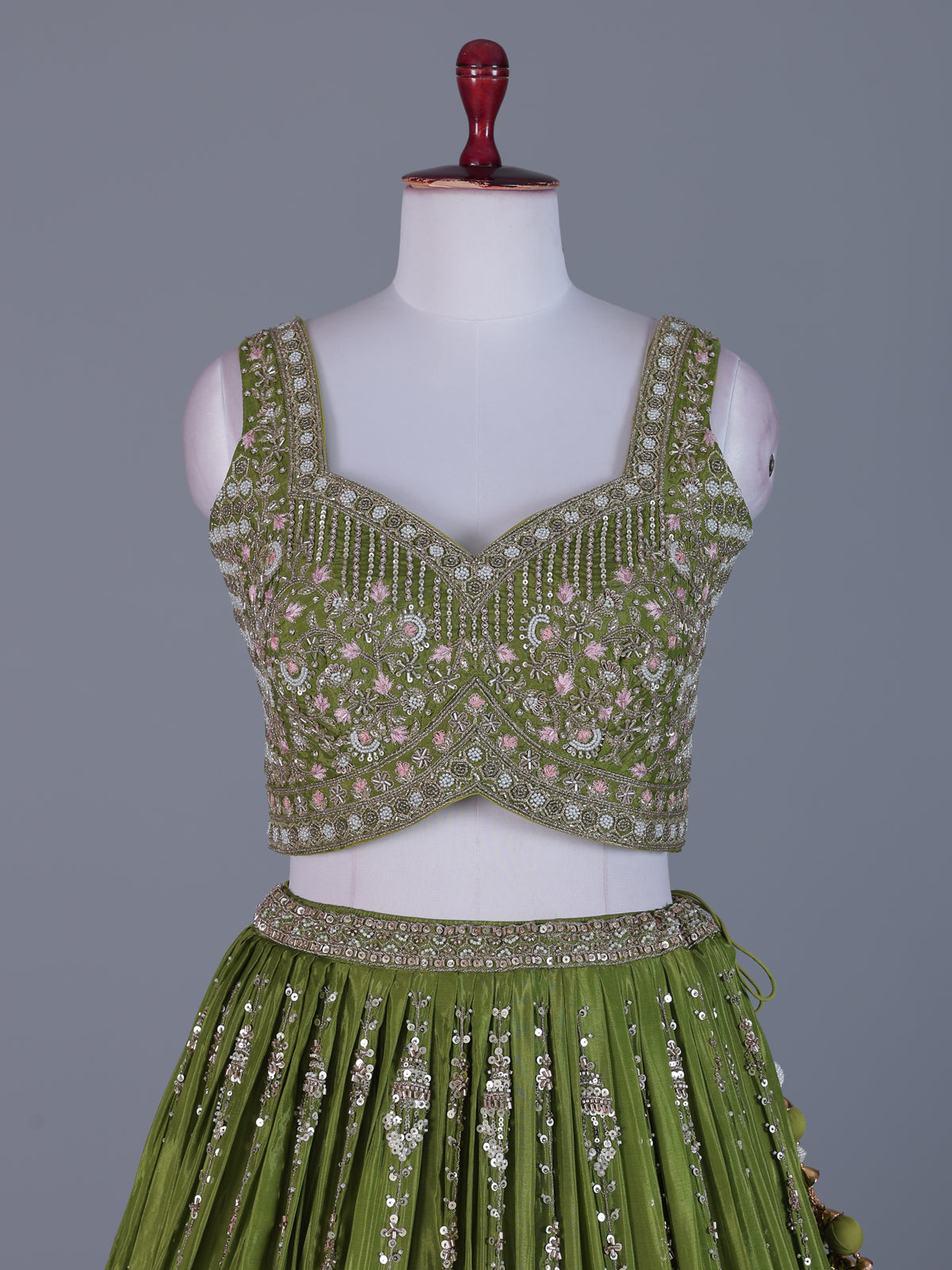 Lime green lehenga choli with silver scallops