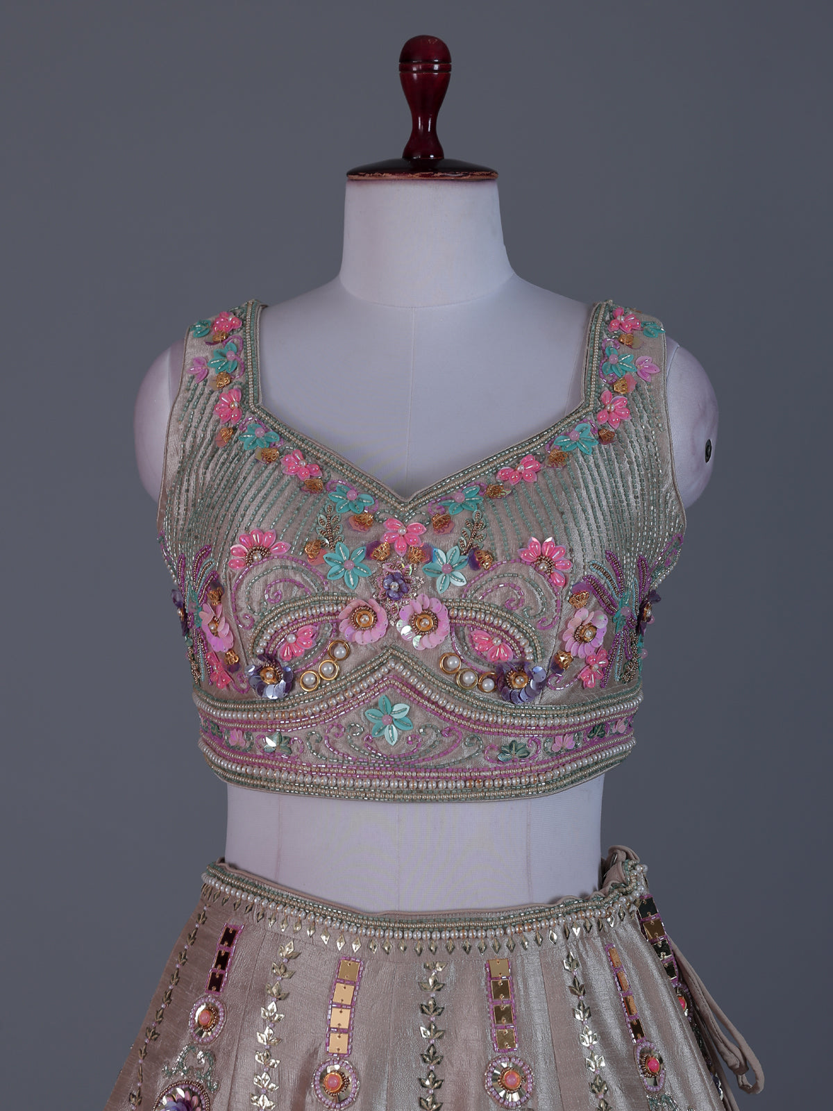 Beige mirror lehenga with pastel dupatta