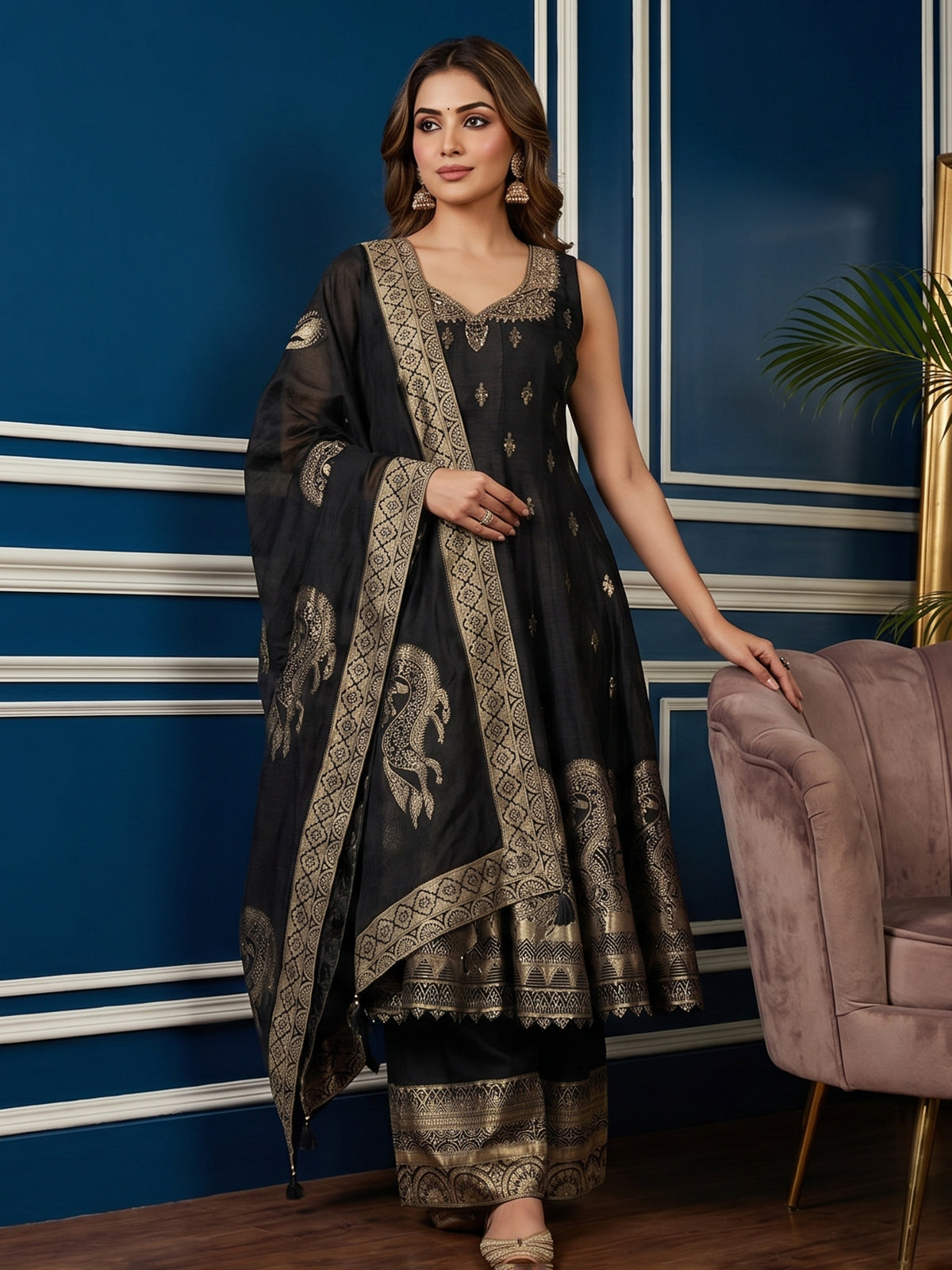 Elegant black embroidered anarkali ensemble