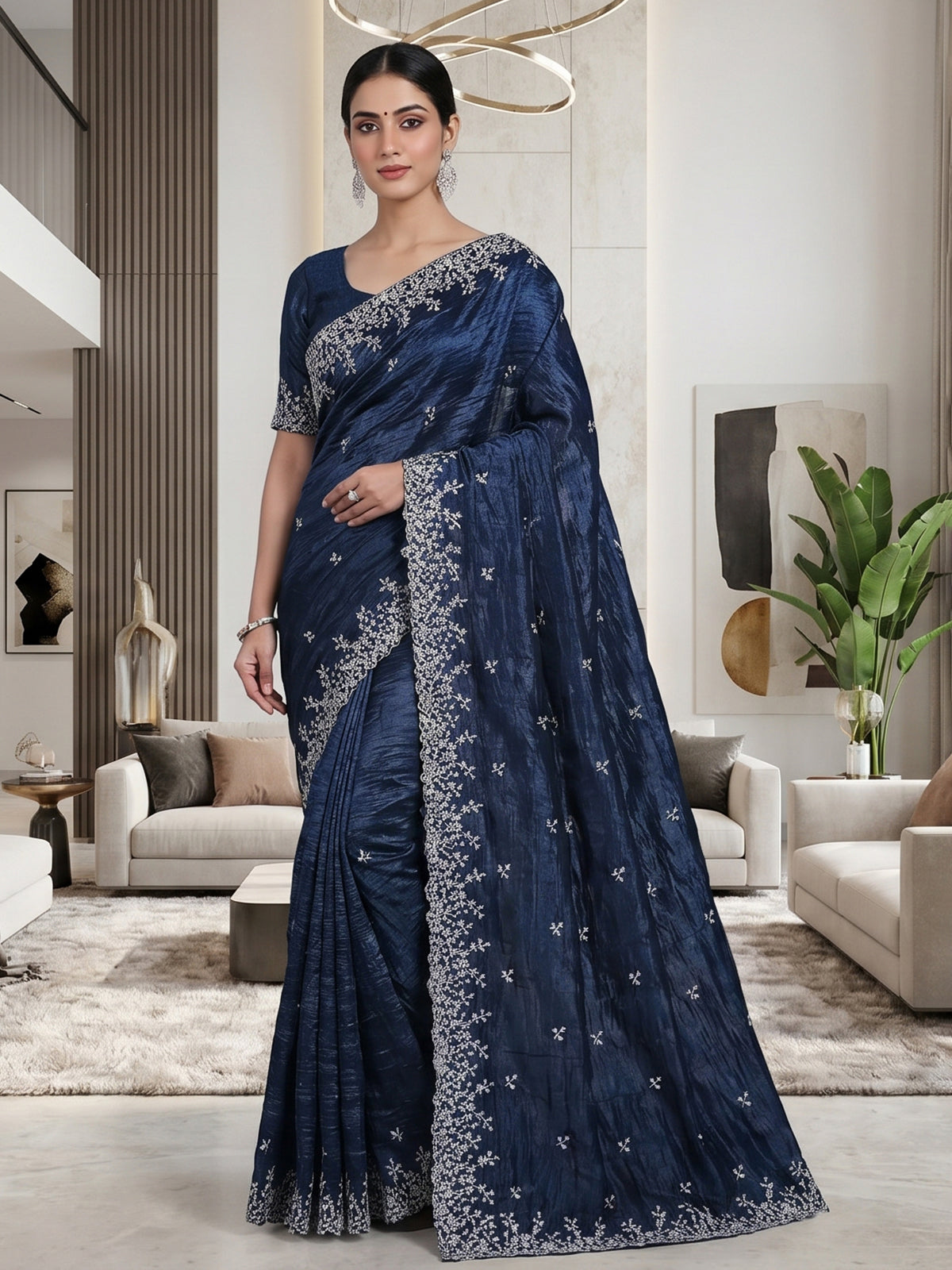 Majestic navy blue festive organza saree