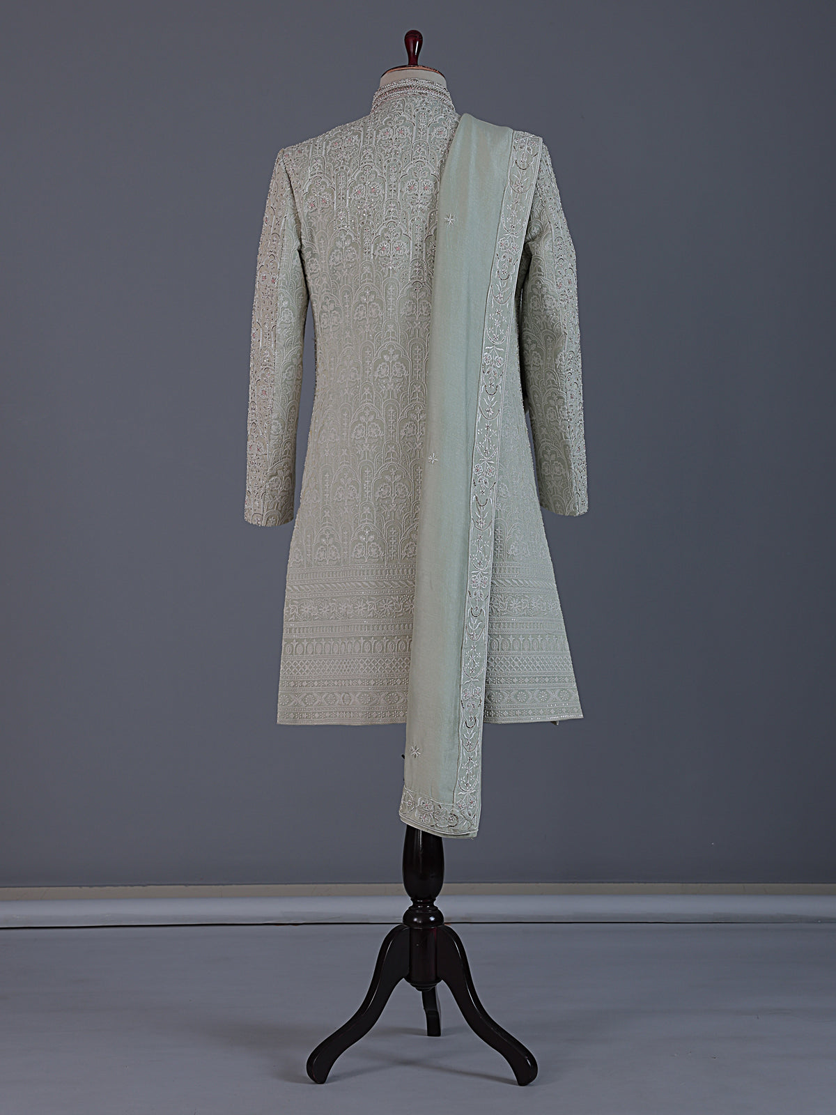Sophisticated pista green jacquard silk full sleeves sherwani