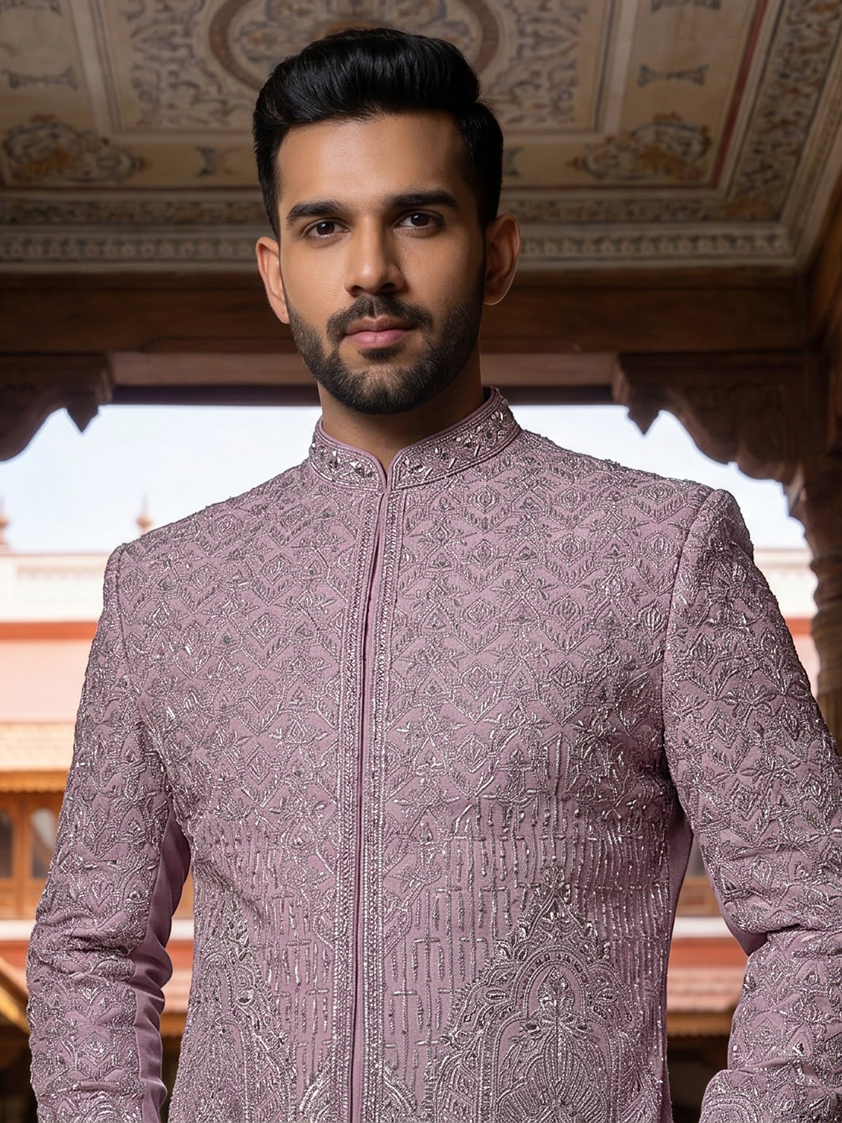 Classic light pink banarasi silk full sleeves sherwani