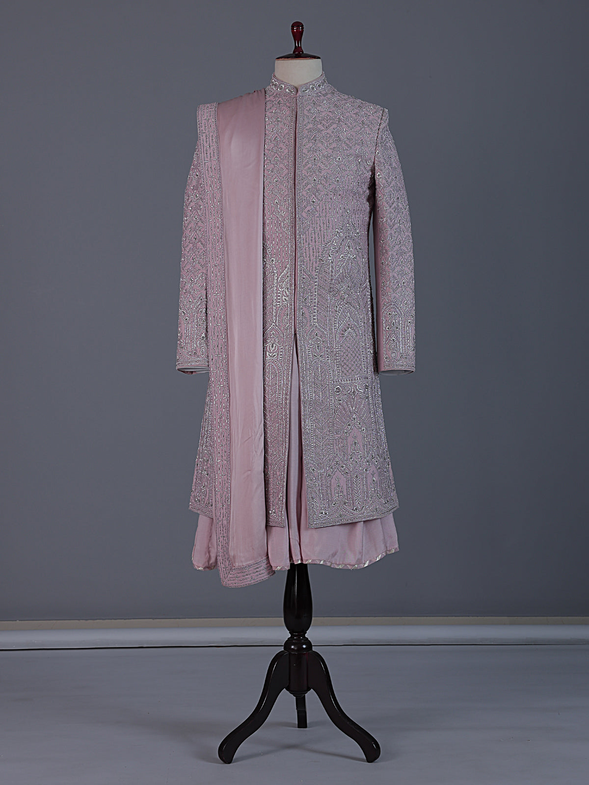 Classic light pink banarasi silk full sleeves sherwani
