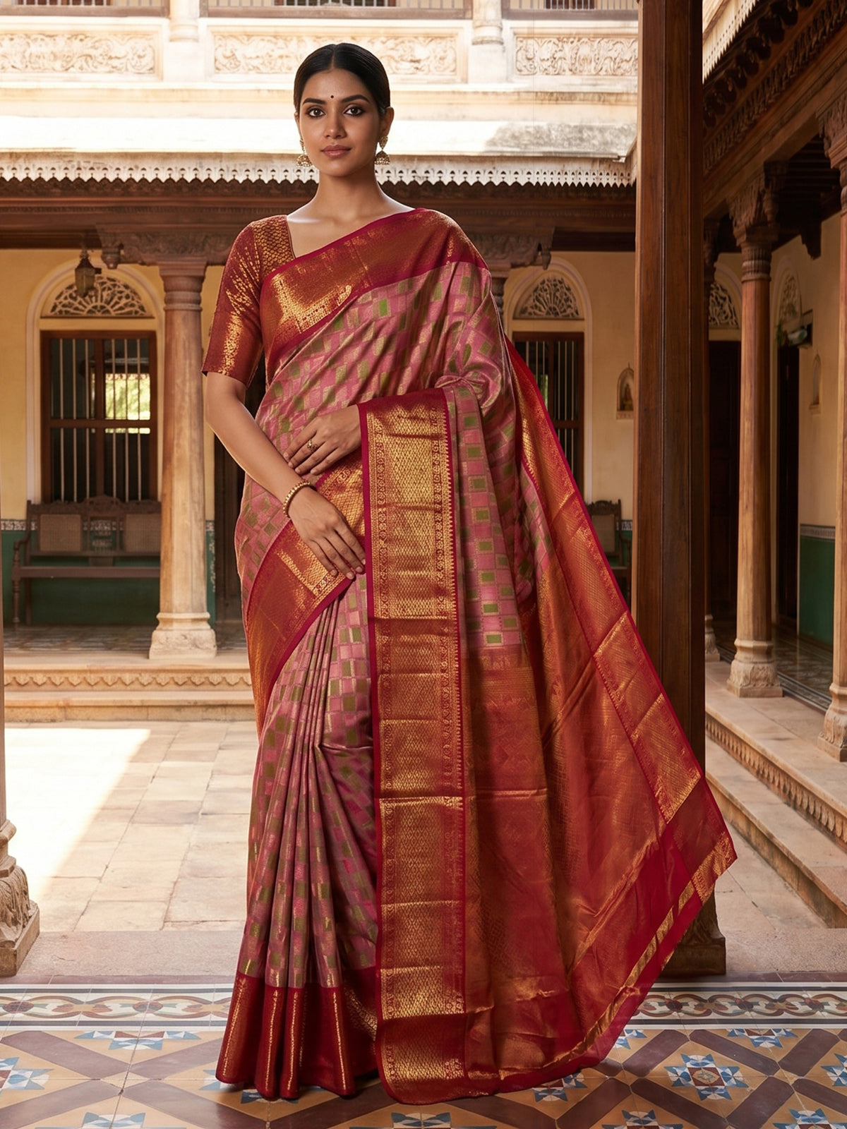 Pink wedding wear saree in pure Kanjivaram silk