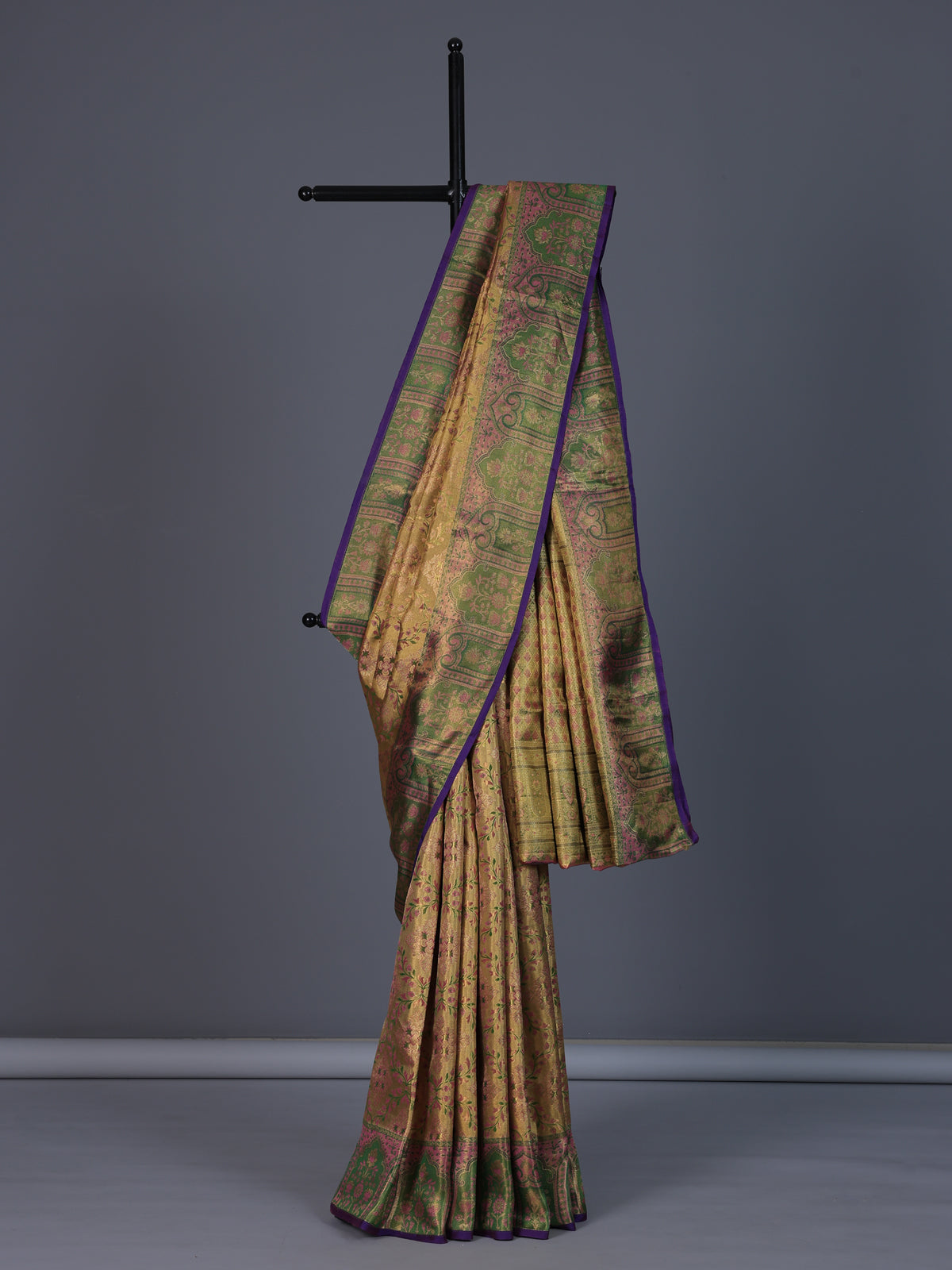 Golden Kanjivaram silk saree with zari shine