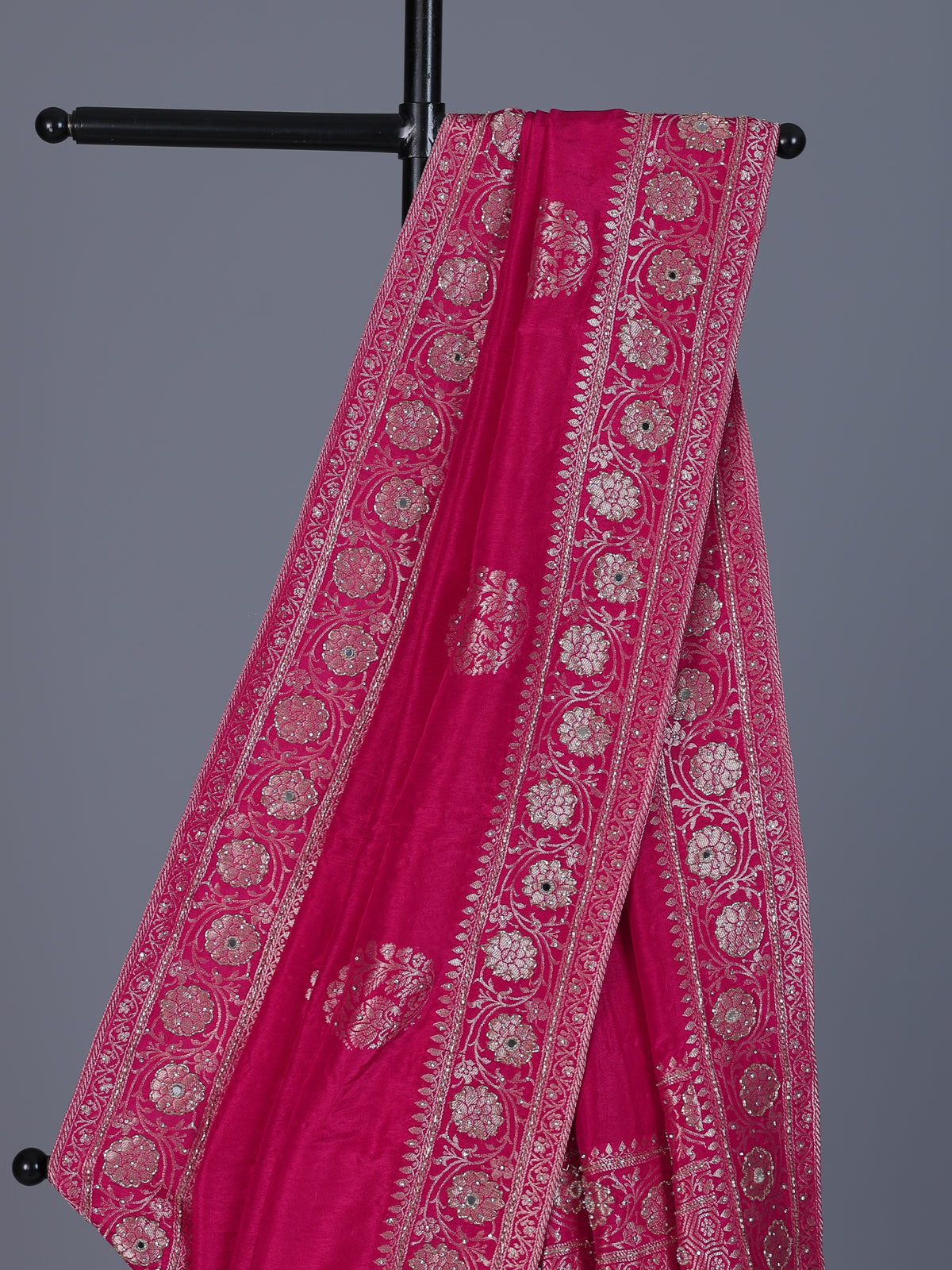 Pink wedding wear dola silk saree with rich embellished border