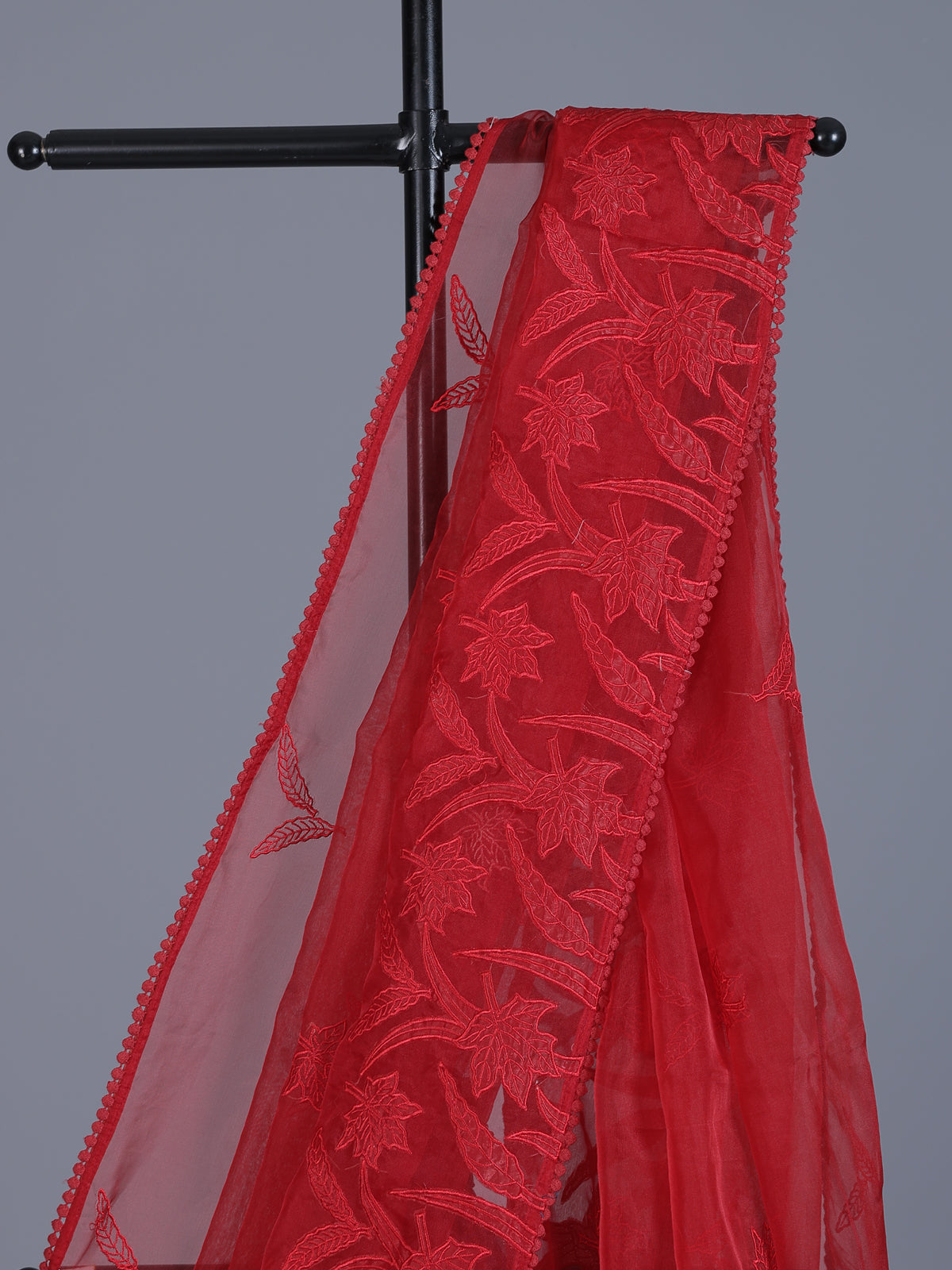 Red organza tissue saree with elegant embroidered party wear look