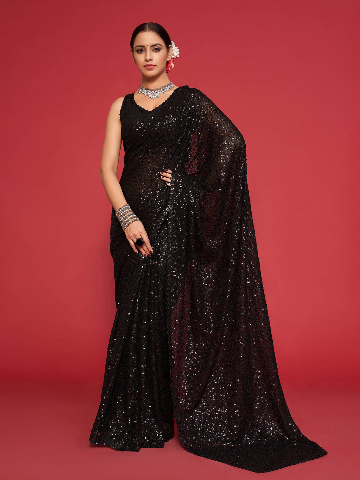 Elegant black sequined festive drape saree