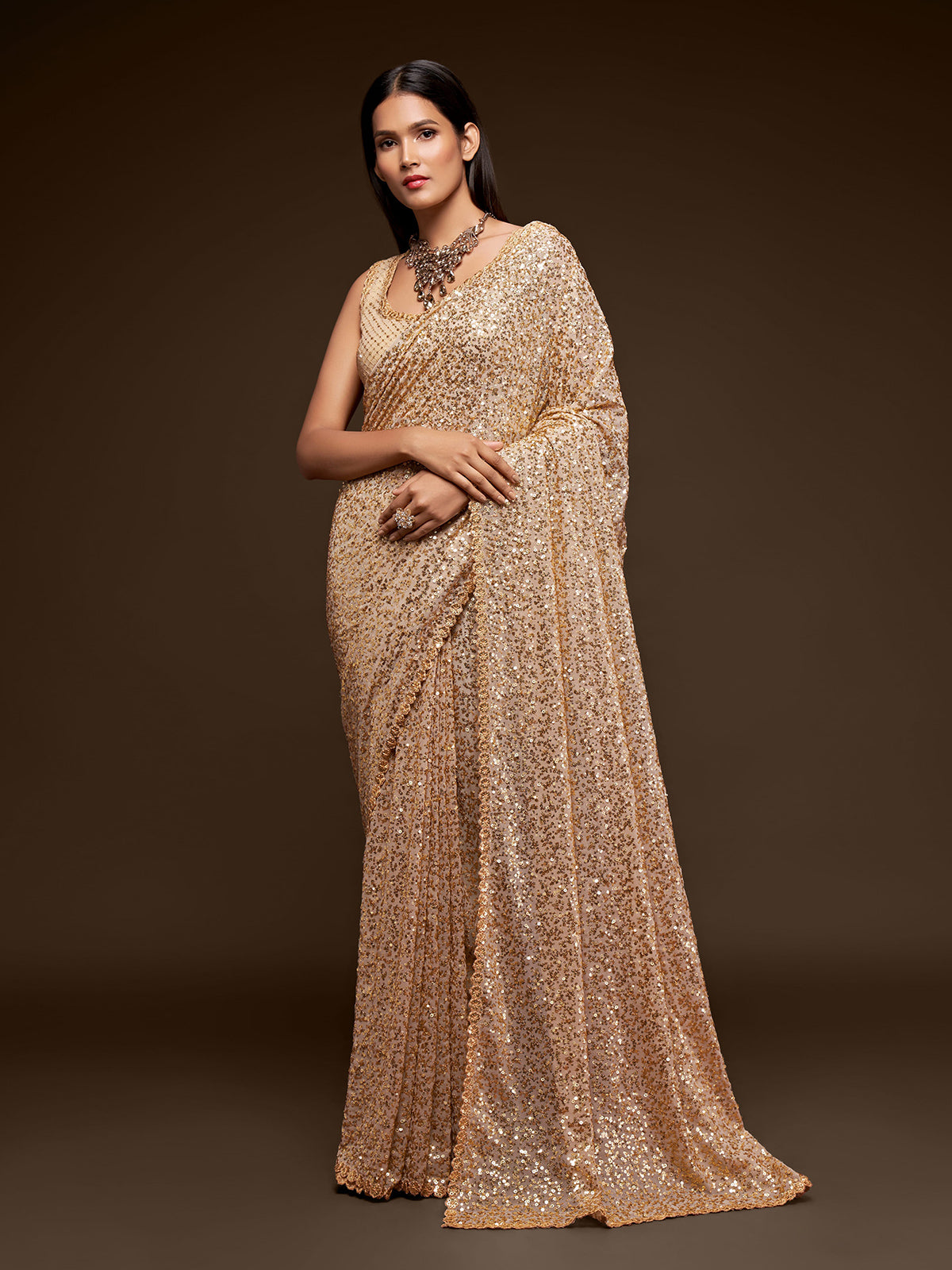 Graceful ivory embroidered reception wear saree