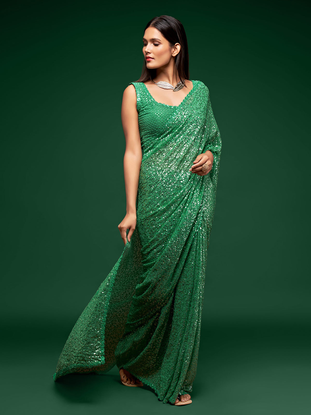 Regal mint green festive georgette saree