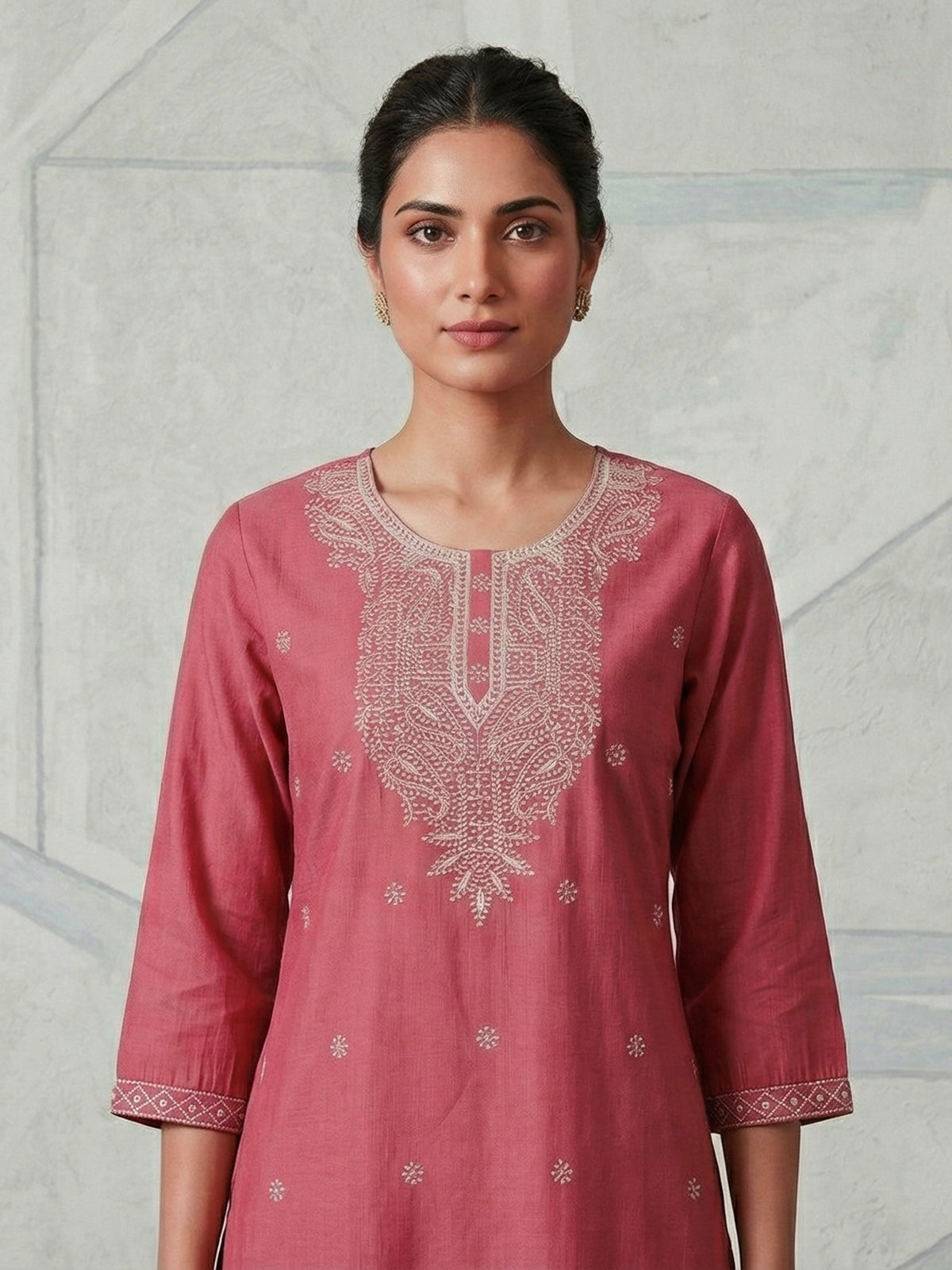 Dusty rose pink white embroidered cotton silk kurti