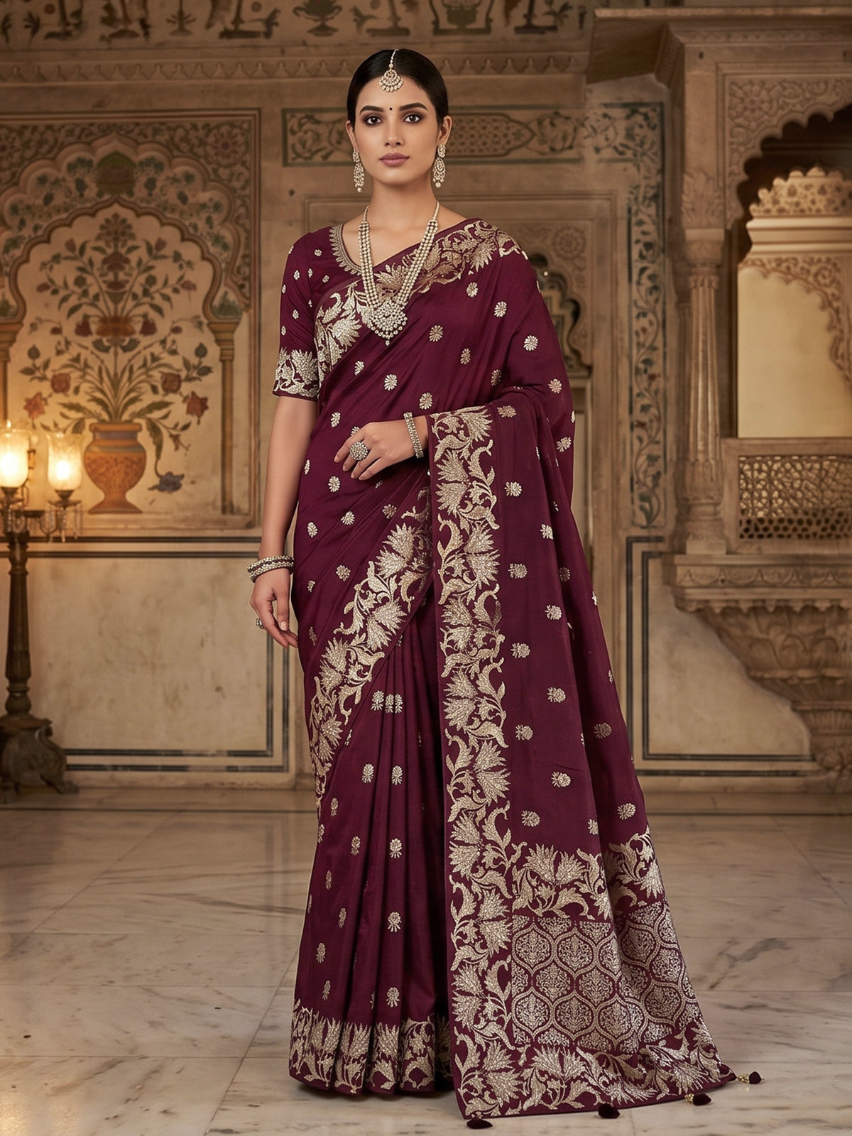 Maroon banarasi silk wedding saree with over all zari detailing