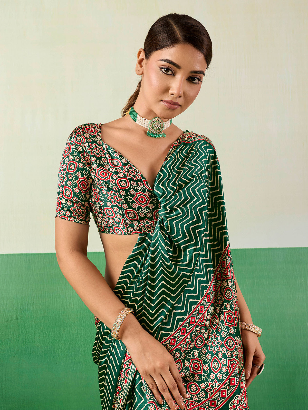 Elegant green ajrakh print saree