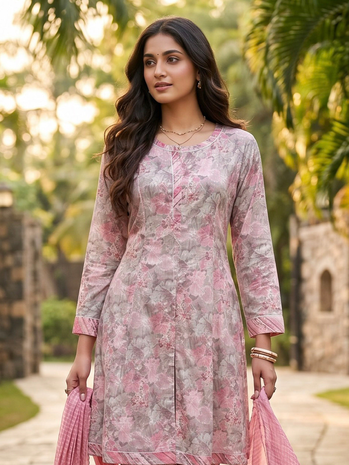Dusty pink floral straight frock suit