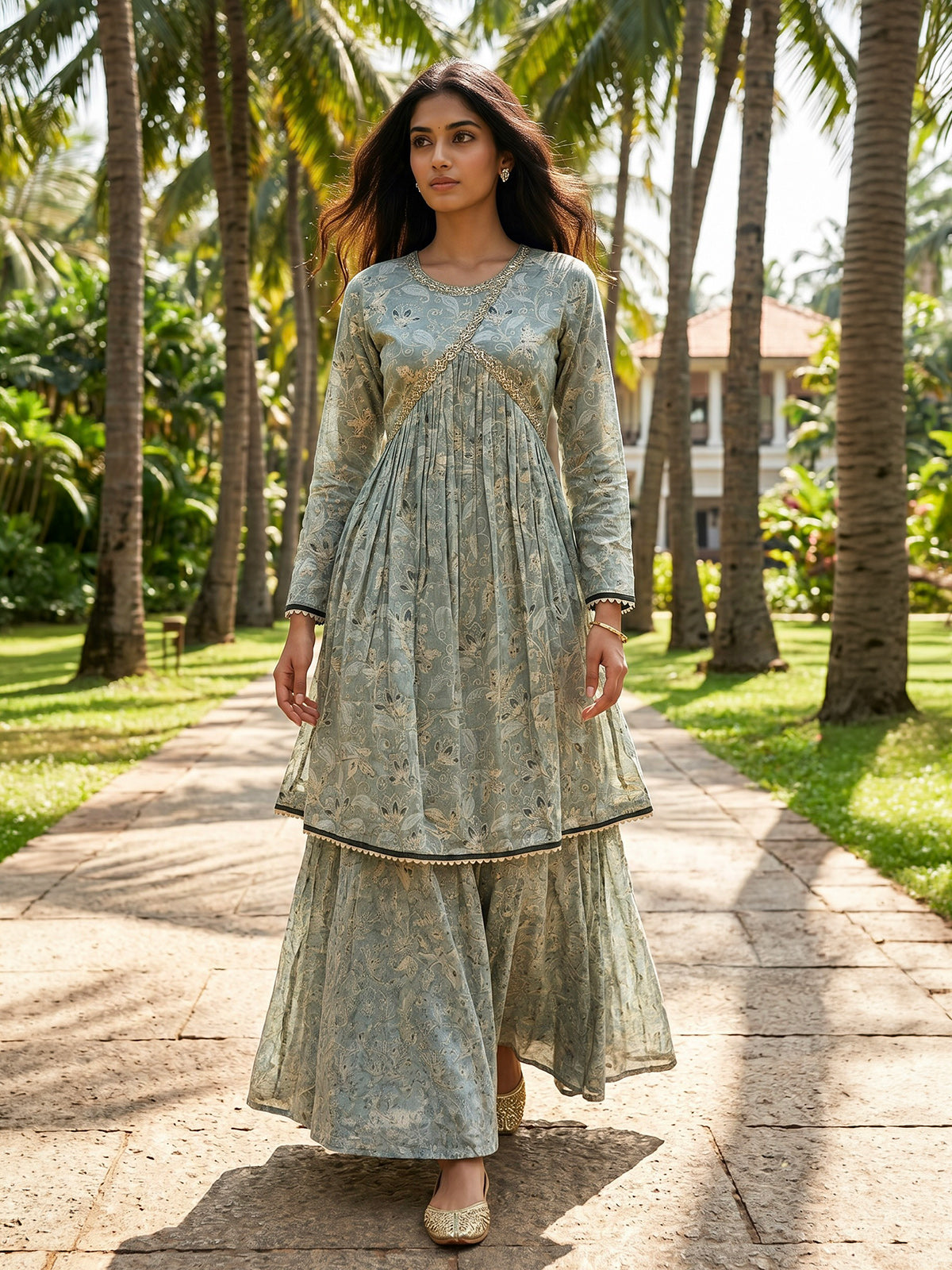 Sea green printed silk festive sharara suit