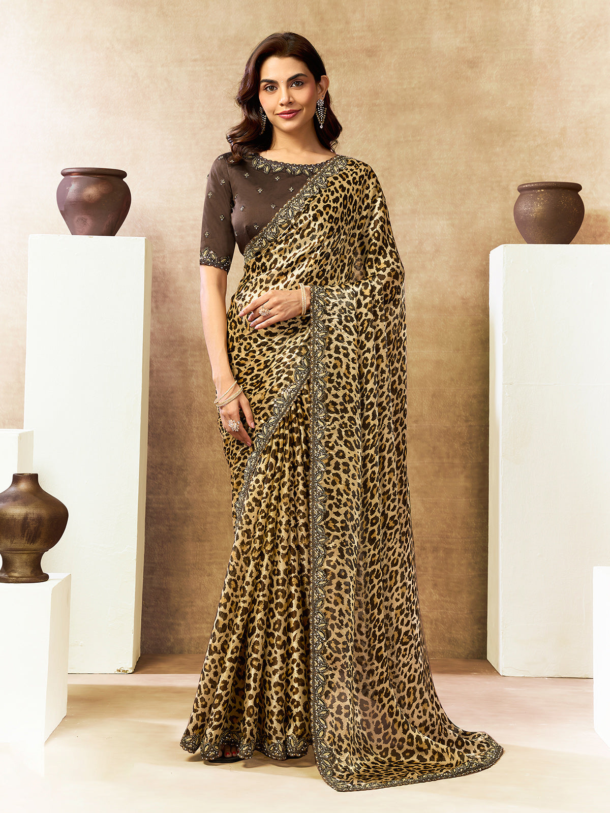 Radiant yellow leopard print silk saree