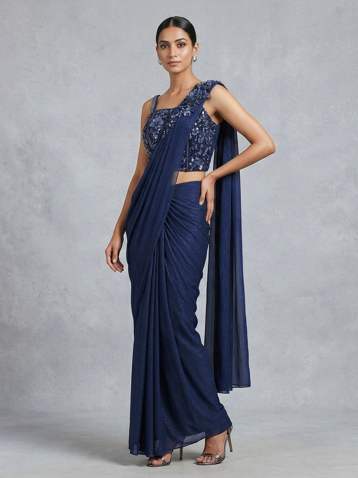 Navy blue chiffon ready to wear saree
