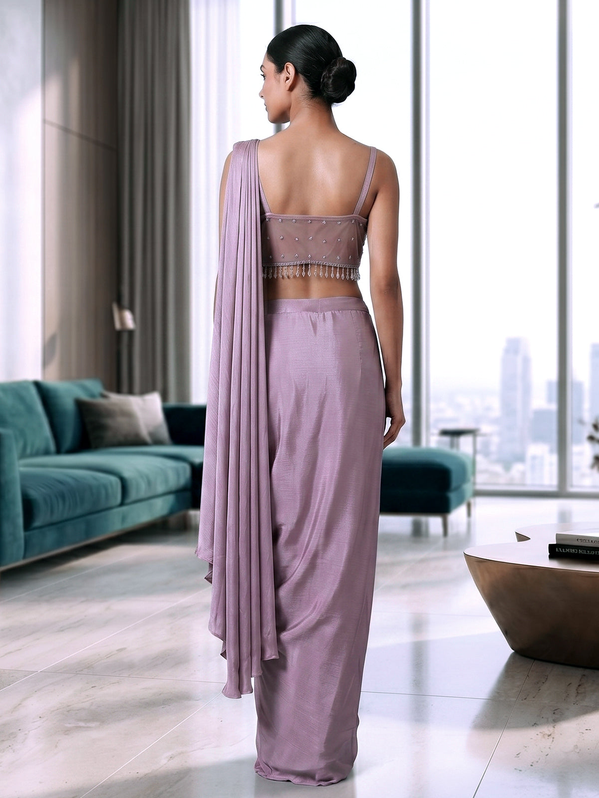 Lavender chiffon indo western ready to wear saree