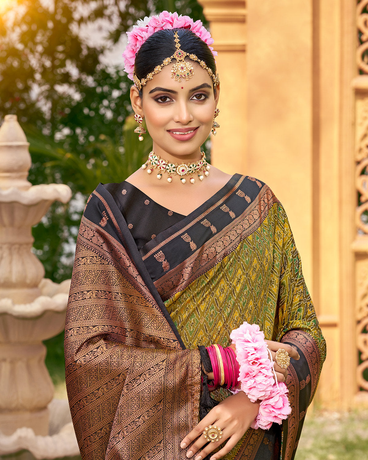 Fresh lime green woven saree