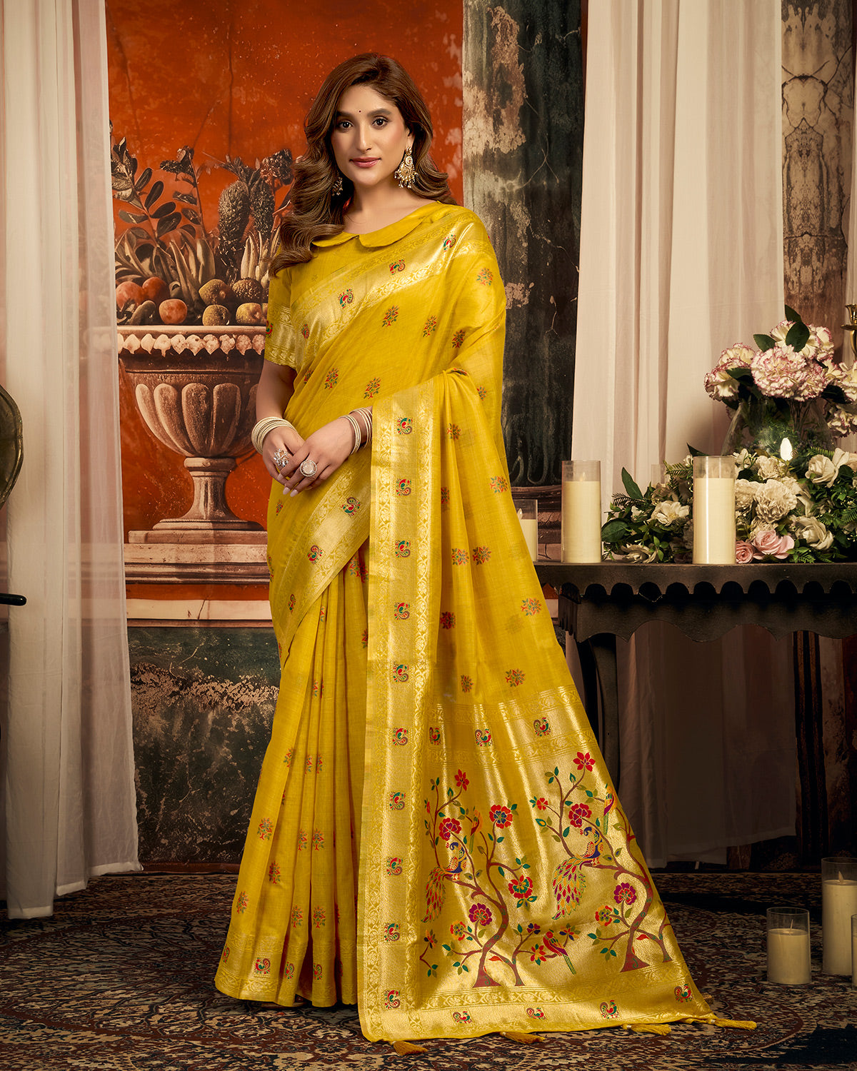 Vibrant mustard woven festive saree